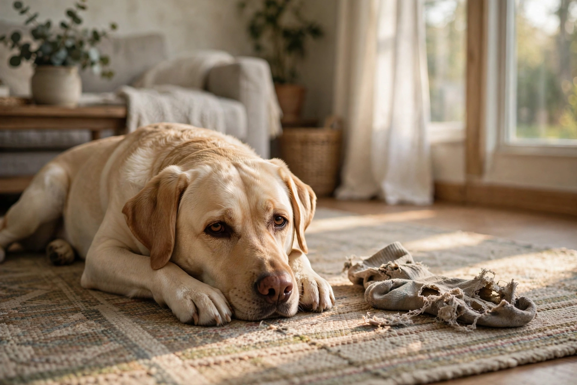 Bored labrador lying on a rug next to a chewed sock