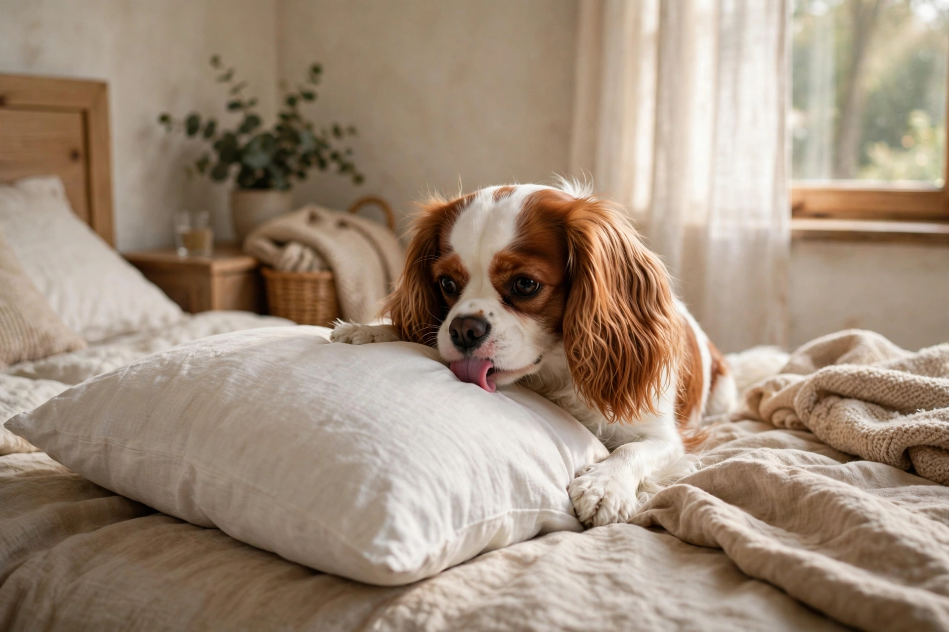 Cavalier King Charles Spaniel nuzzling and licking its owner's pillow