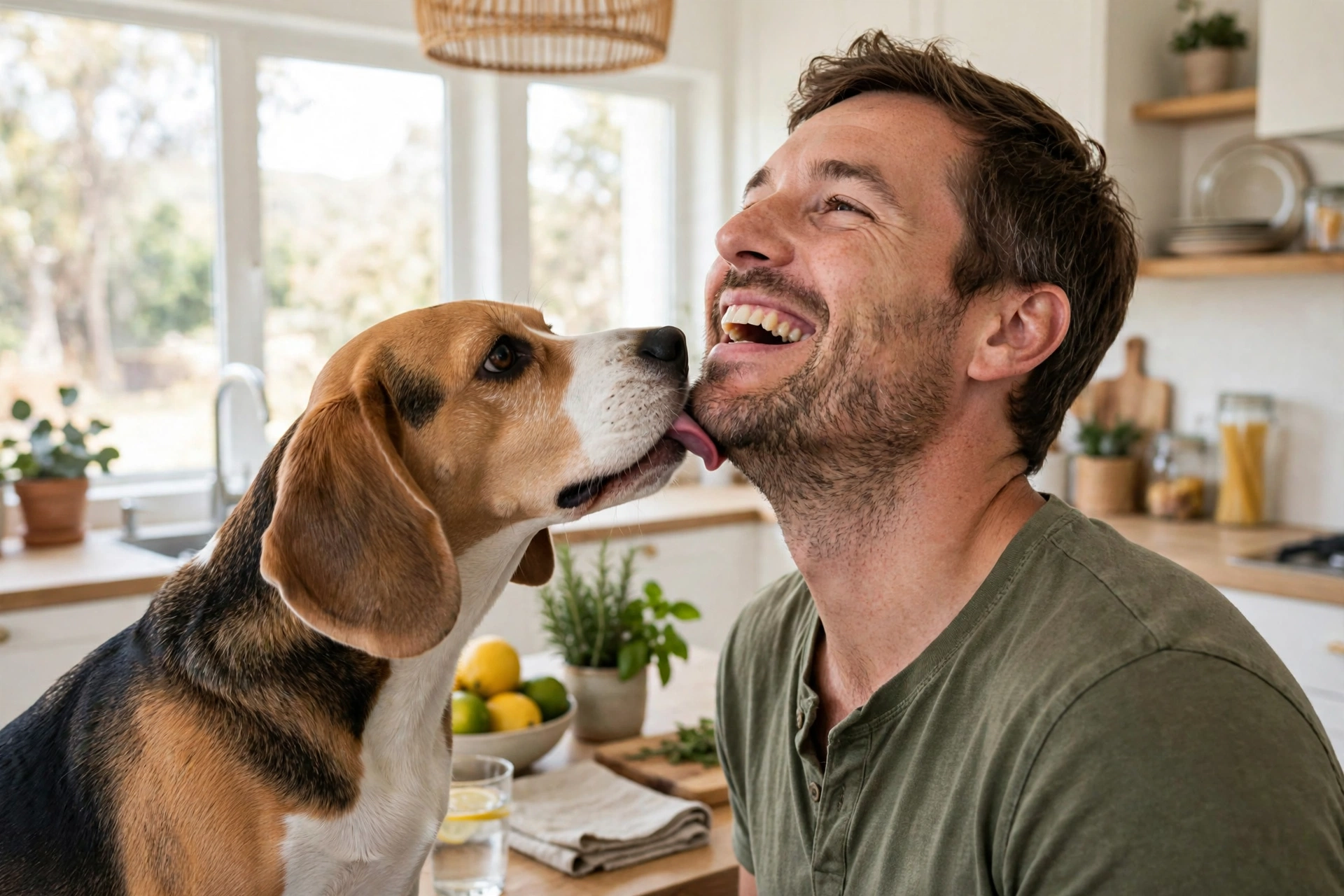 Beagle licking owner's chin in a grooming behavior