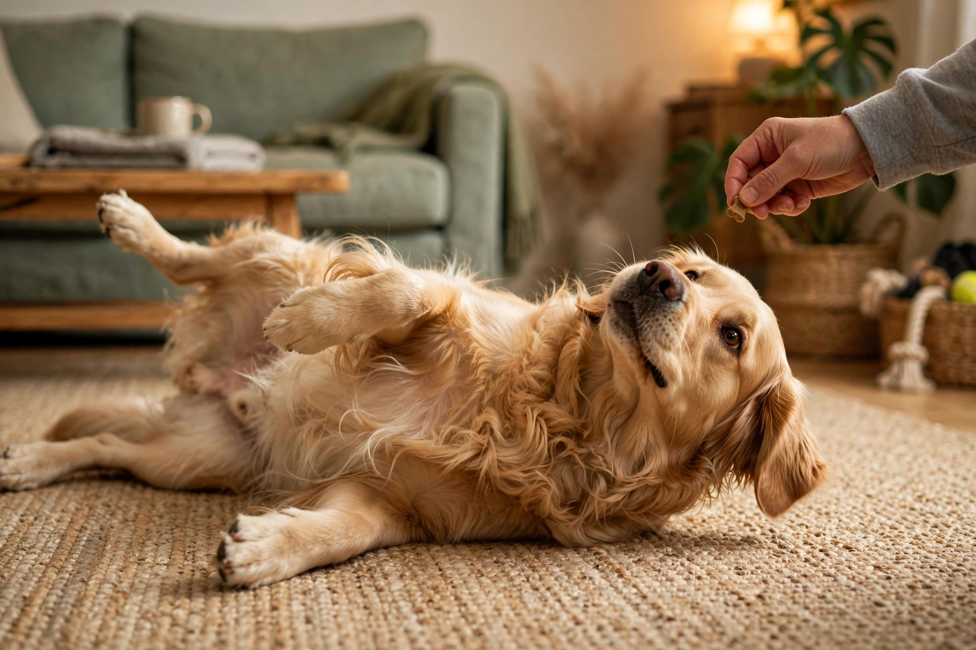 Dog tipping onto side while following a treat lure during fake it training