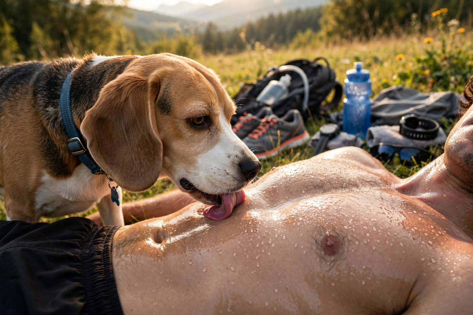Beagle licking owner's sweaty chest after a run