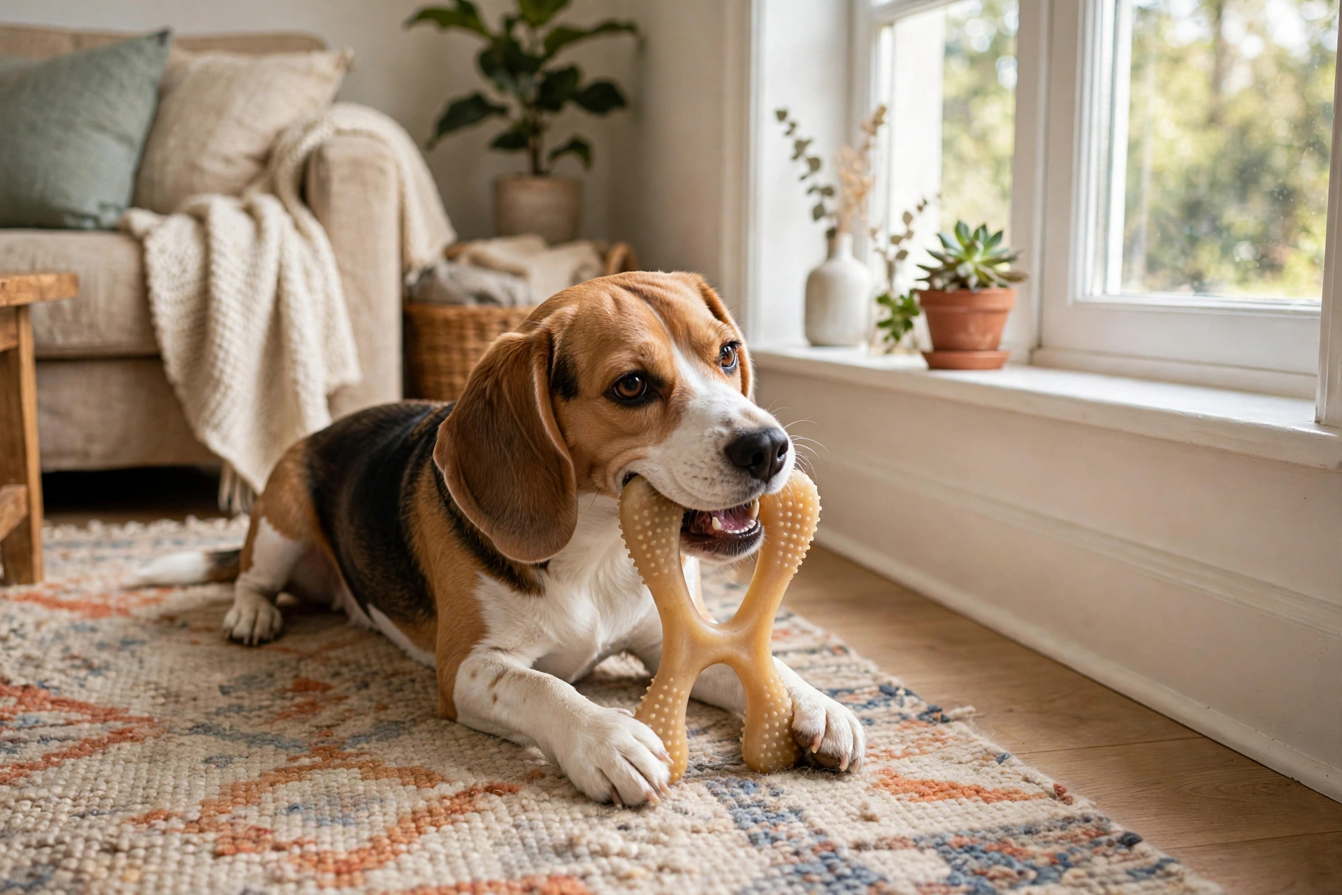Dog chewing a wishbone chew toy near a window