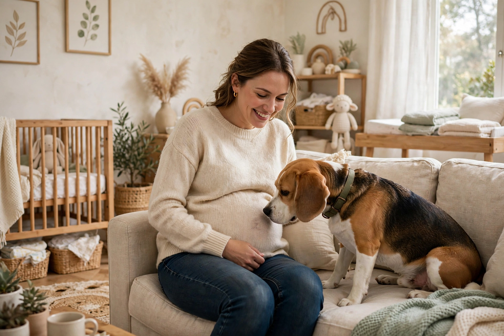 Beagle gently sniffing a pregnant woman's belly in a bright living room
