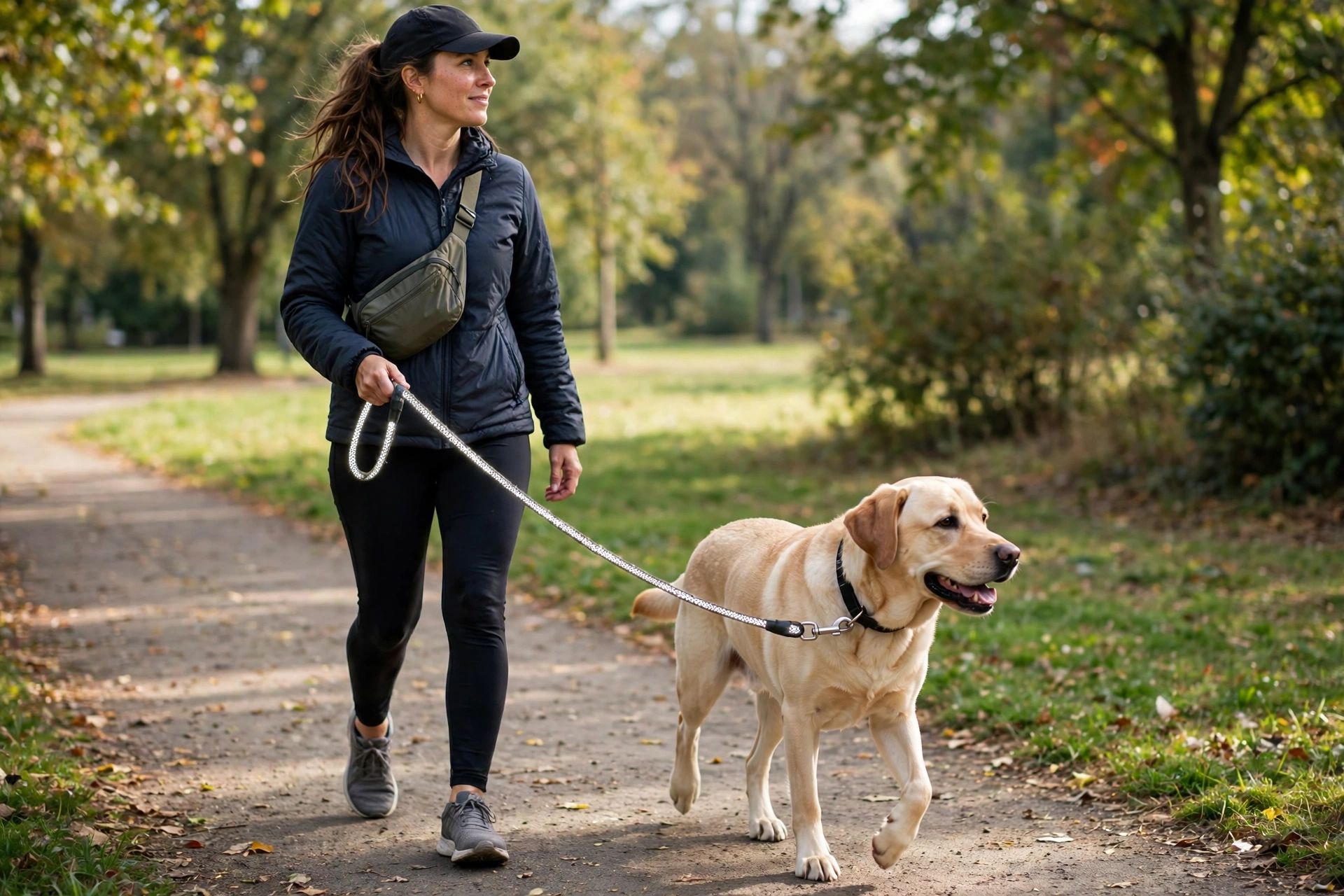 Dog owner holding a reflective rope leash attached to a labrador walking on a park path