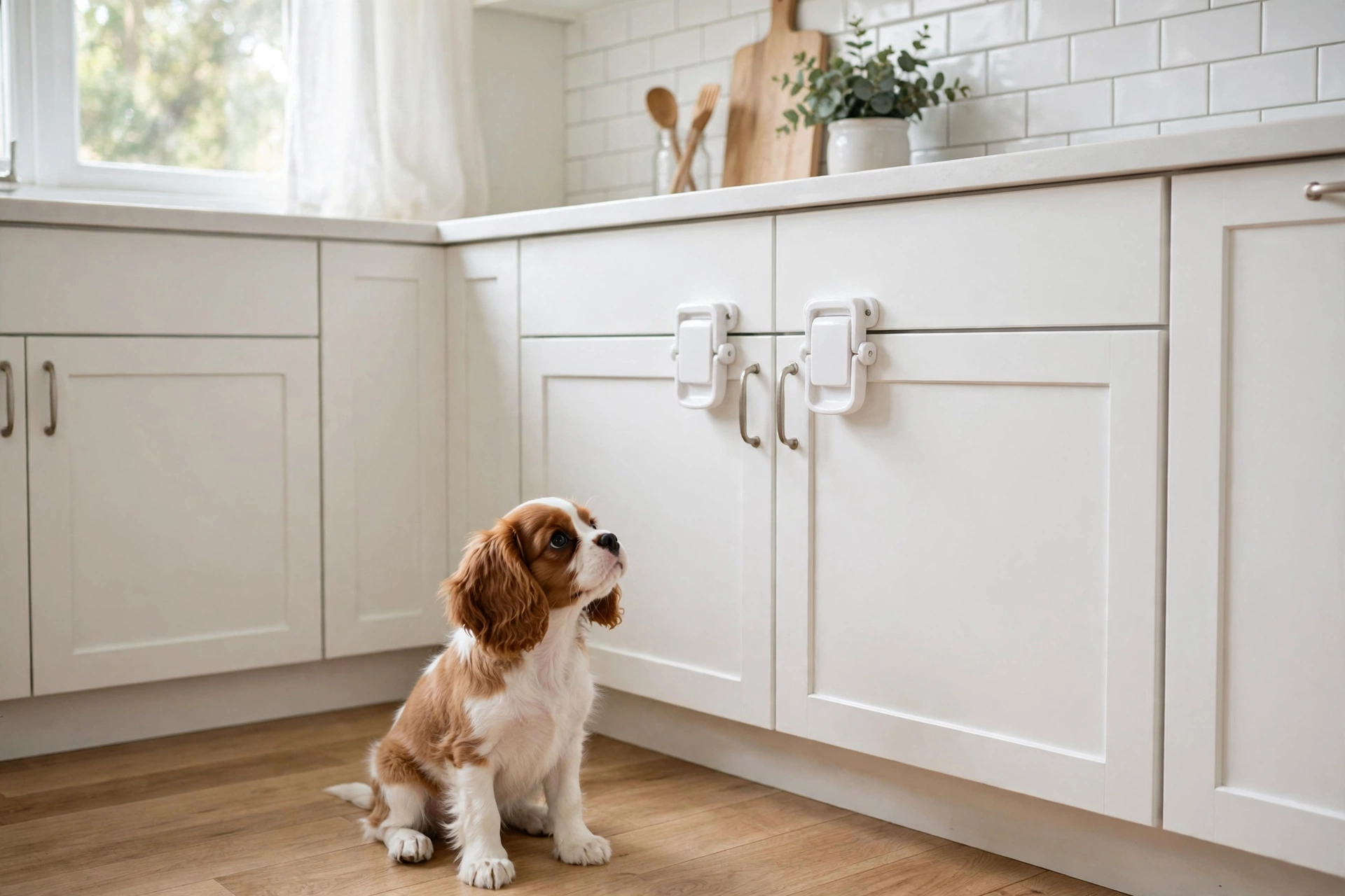 Kitchen with white childproof safety latches on lower cabinet doors, puppy looking up