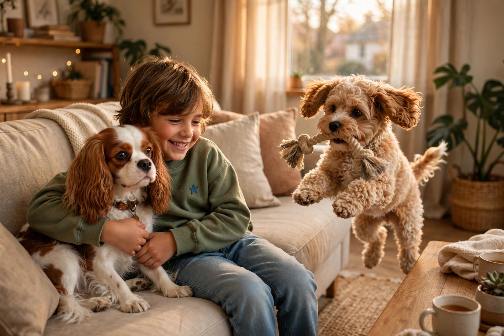 Gentle Cavalier King Charles Spaniel cuddling with a child while a playful Cavapoo puppy plays nearby
