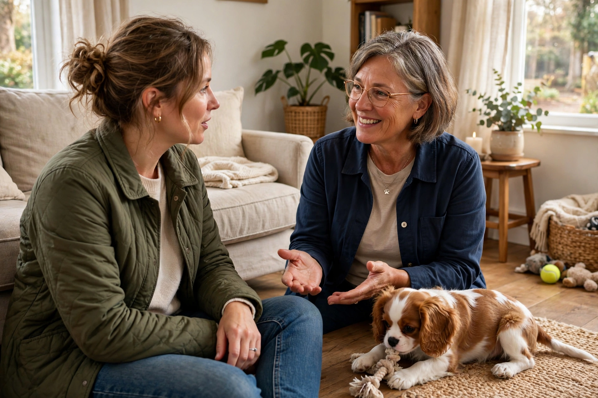 Prospective puppy buyer talking with a Cavalier breeder during a home visit, asking questions