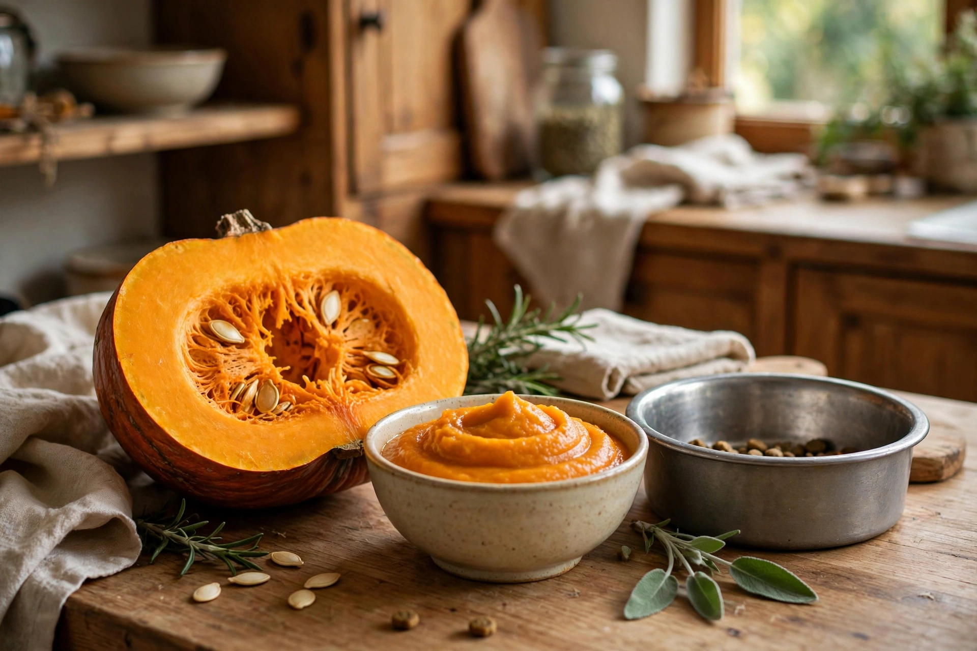 Sliced pumpkin and pumpkin puree next to a dog's food bowl