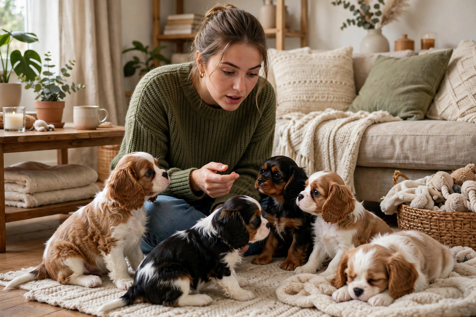 Prospective puppy buyer asking questions while meeting Cavalier King Charles Spaniel puppies