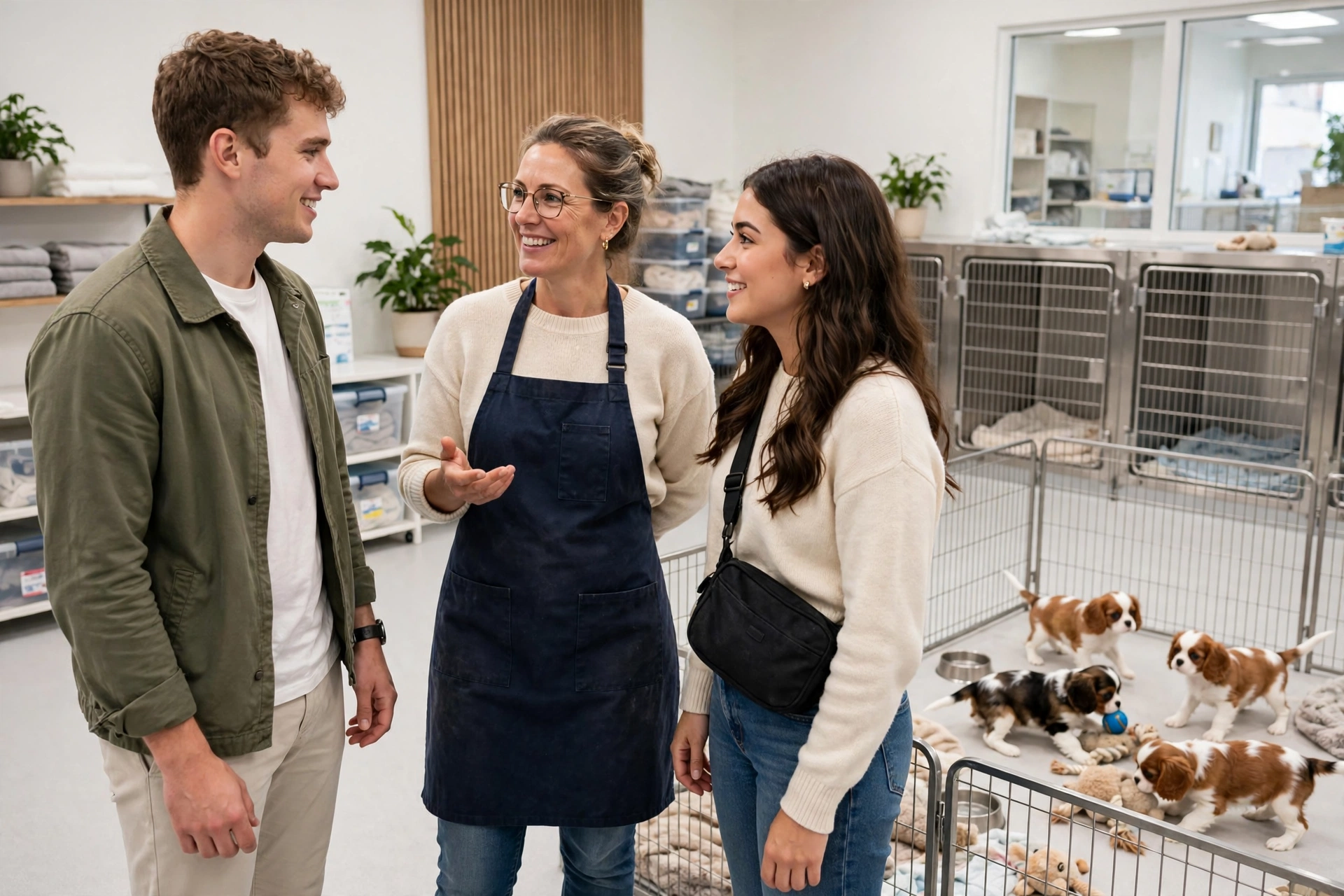 Couple visiting a clean dog kennel and talking with a breeder while Cavalier puppies play nearby