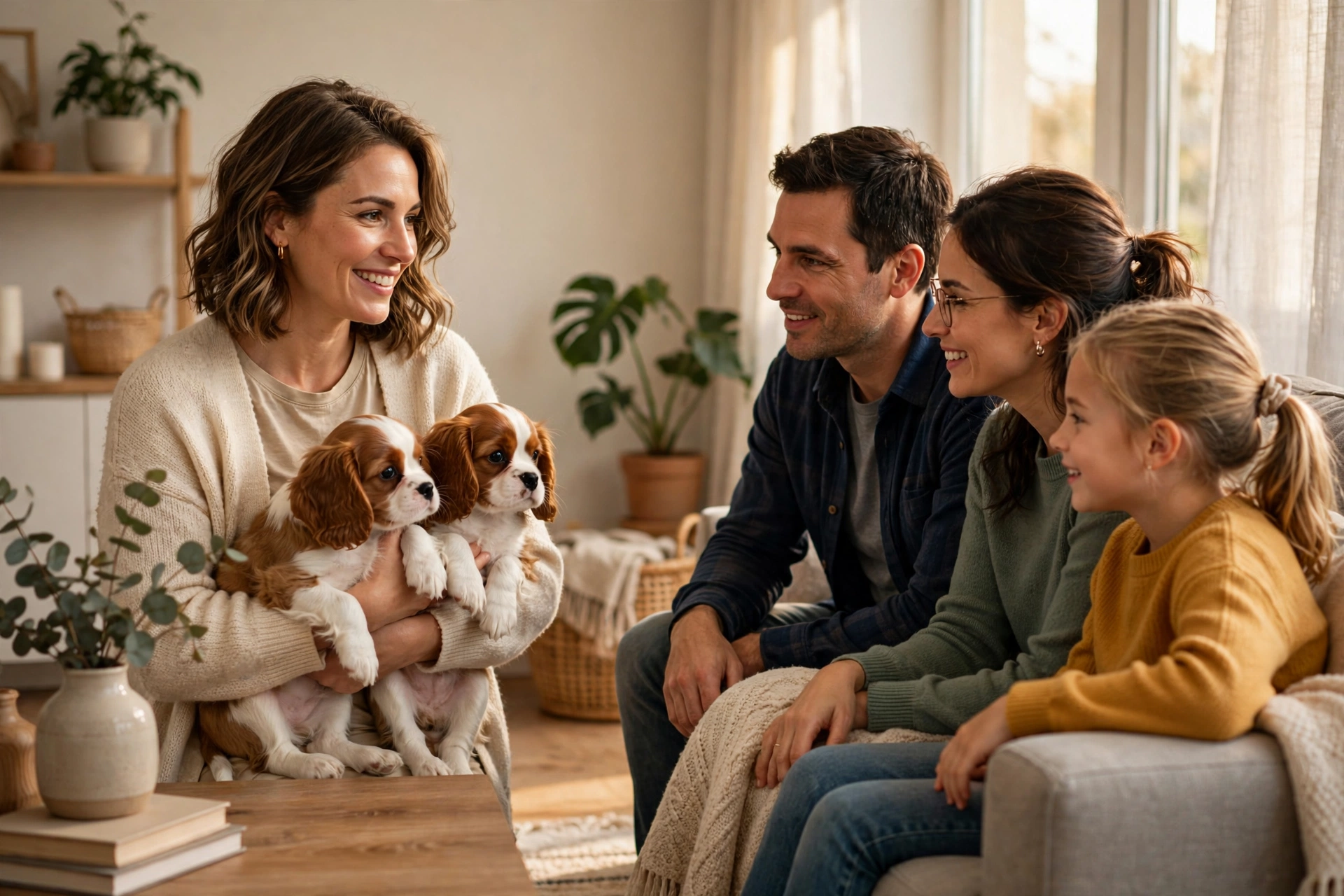 Prospective dog owner meeting Cavalier King Charles Spaniel puppies with a breeder in a bright living room