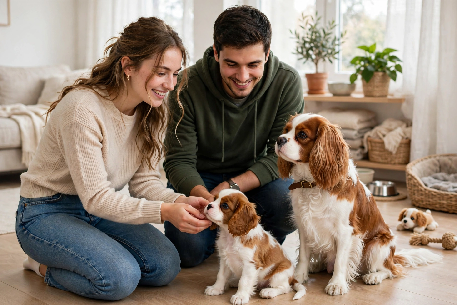 Young couple meeting a Cavalier King Charles Spaniel puppy and its mother dog in a bright breeder's living room