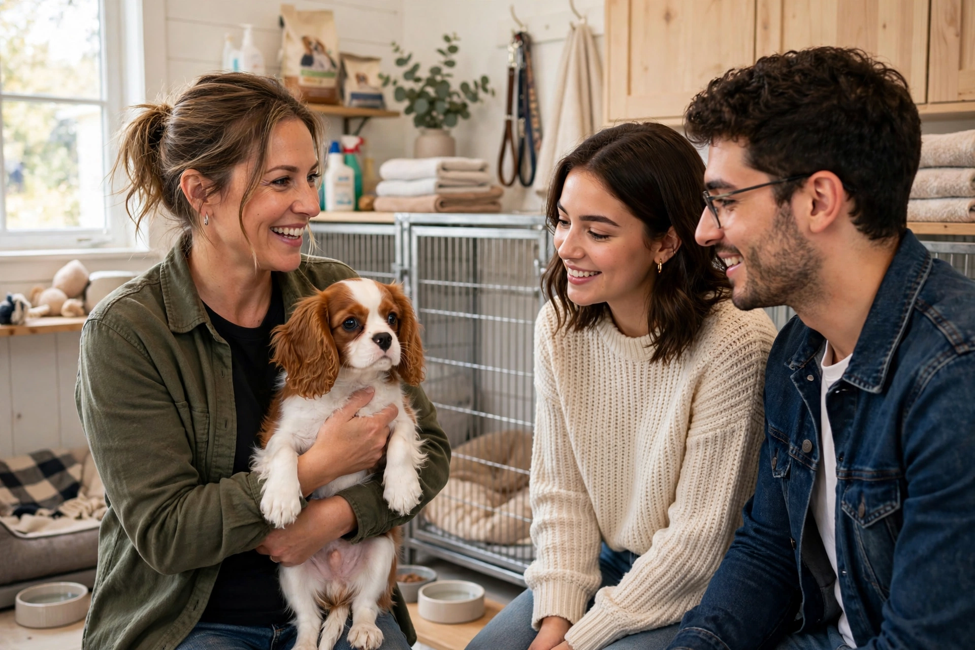 Prospective puppy buyers talking with a breeder holding a Cavalier King Charles Spaniel puppy