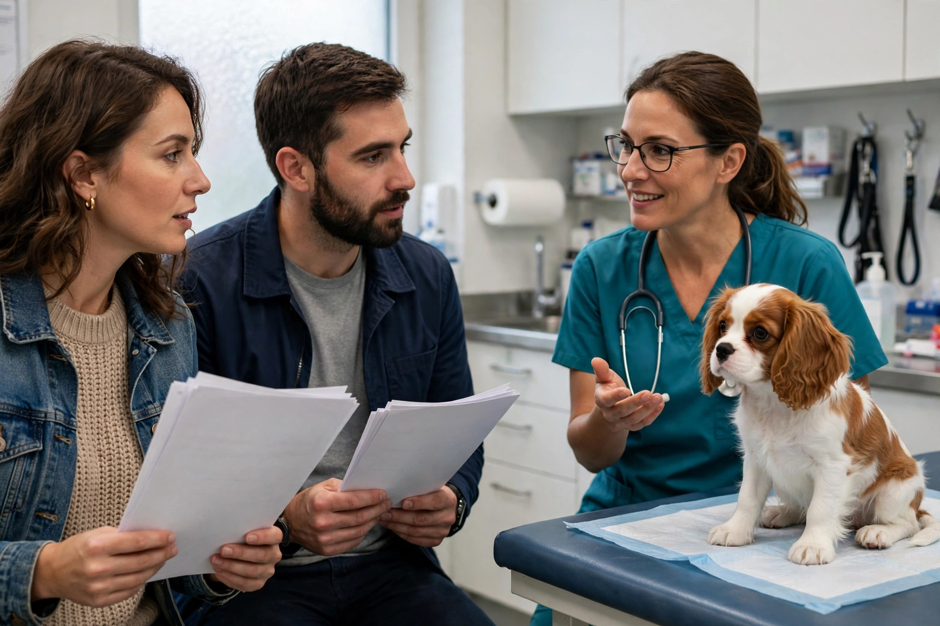 Prospective owners asking a Maryland dog breeder questions about Cavalier puppy health clearances
