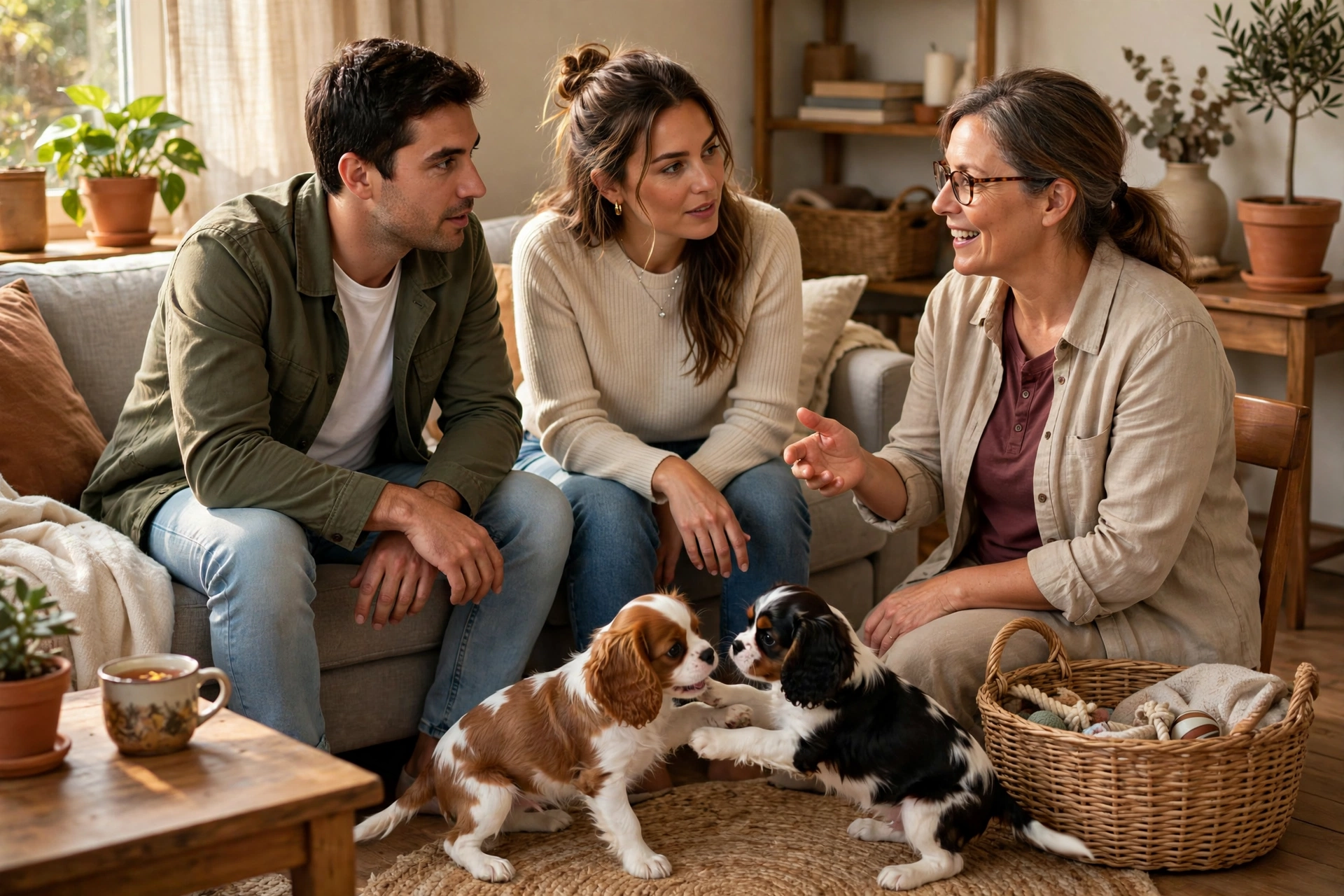 Prospective dog owners talking with a breeder in a cozy living room while Cavalier puppies play nearby