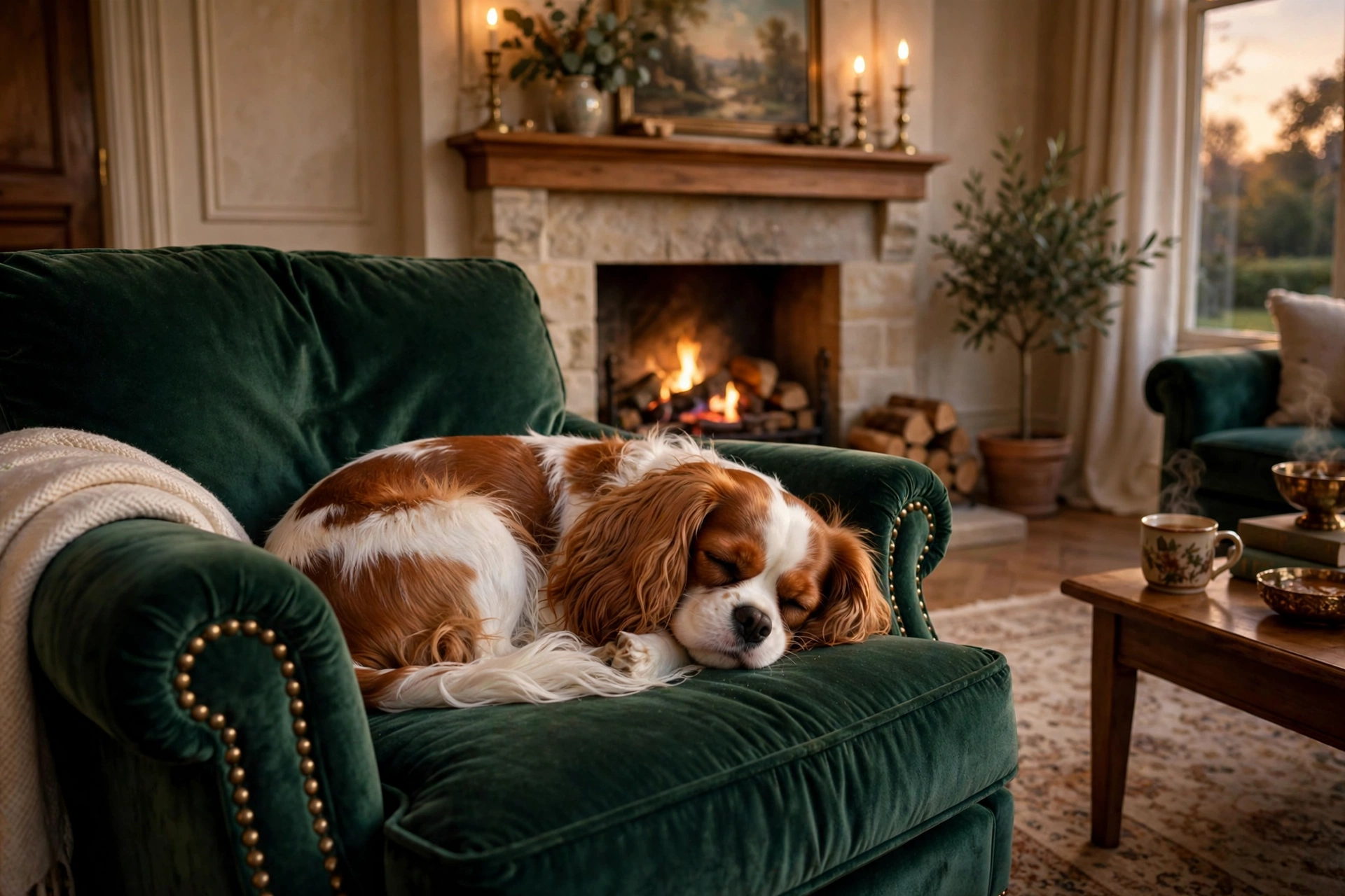 Cavalier King Charles Spaniel resting on an armchair in a cozy living room