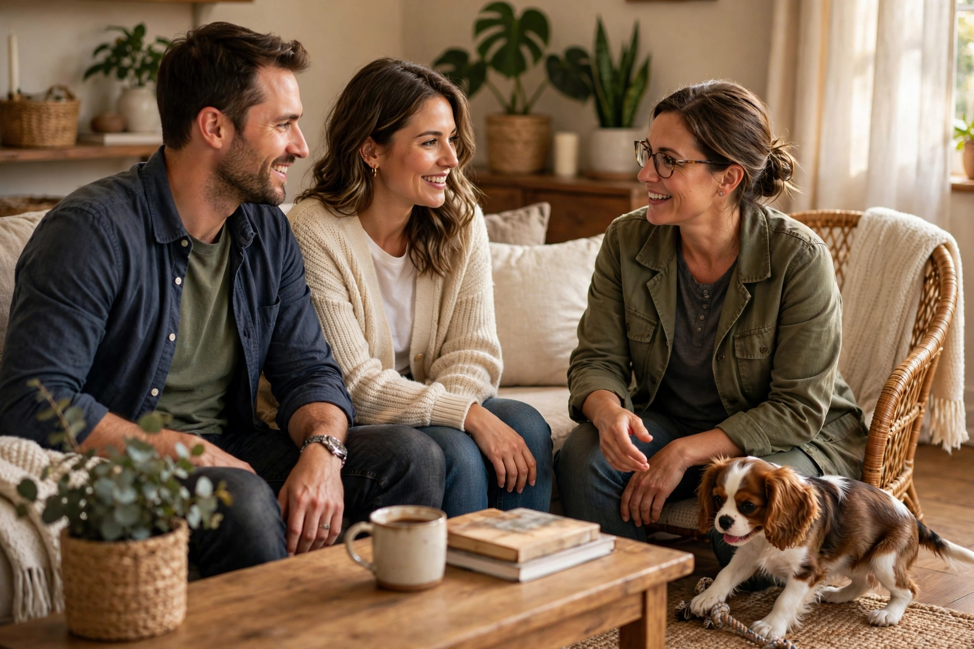 Prospective owners talking with a dog breeder in a home living room with a Cavalier puppy