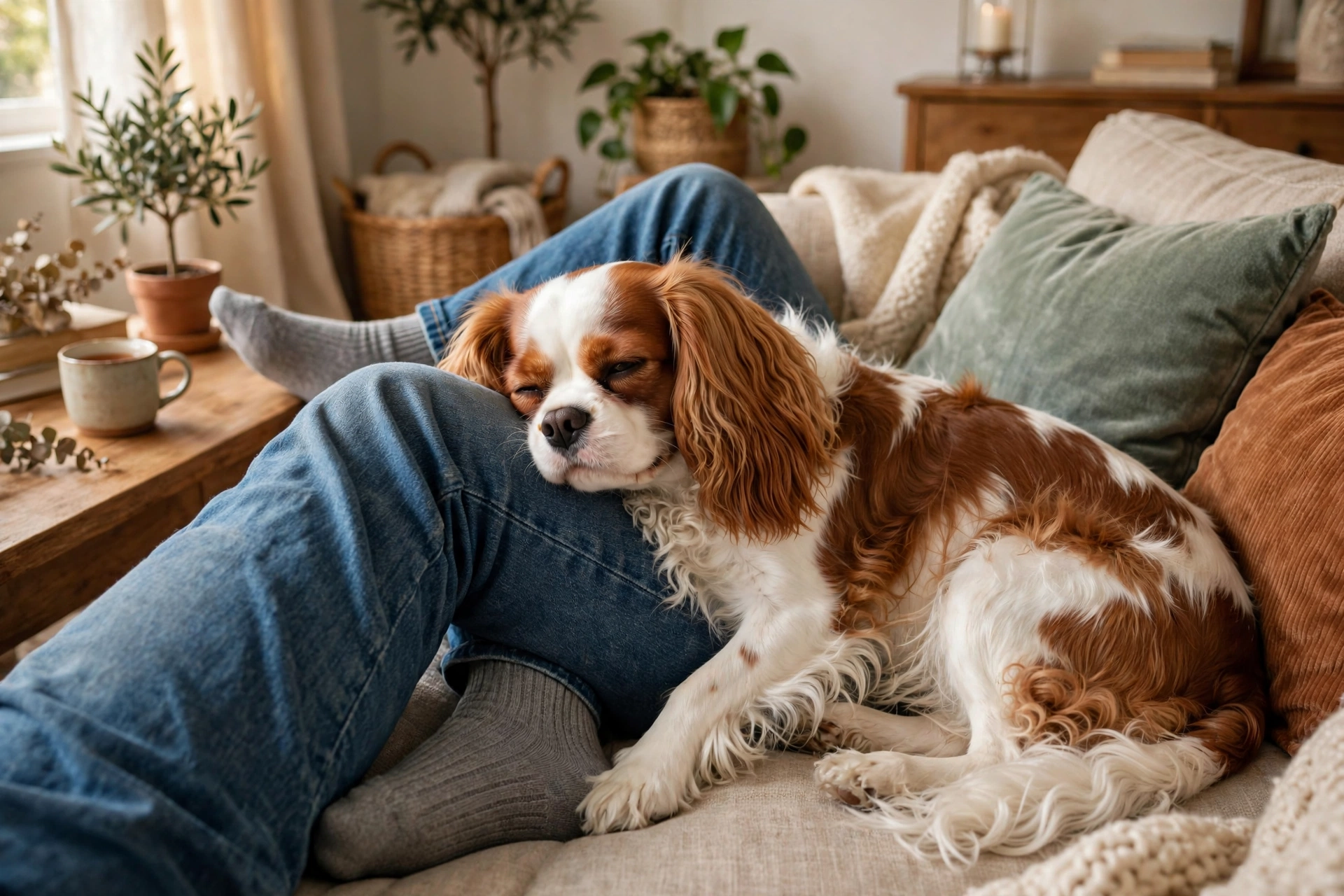 Cavalier King Charles Spaniel leaning against its owner's leg on a couch