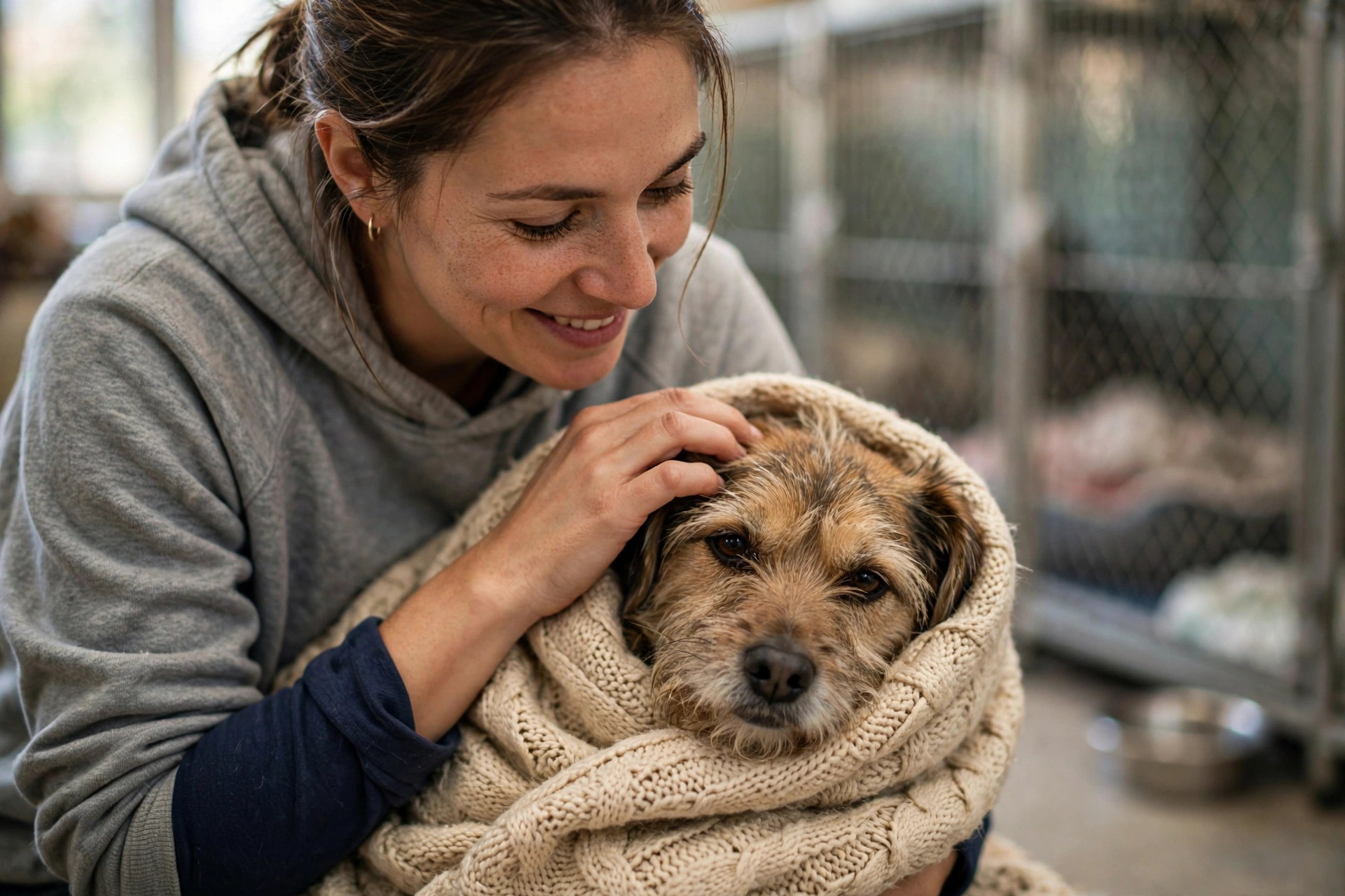 Volunteer comforting a rescued dog at an animal shelter