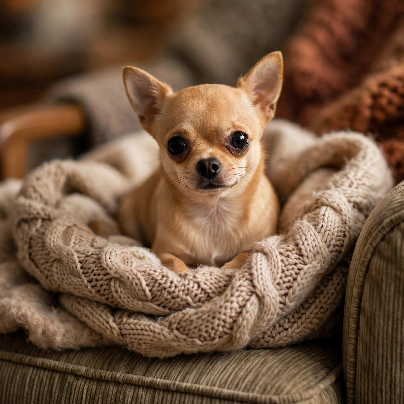 Tiny tan Chihuahua sitting in a blanket nest