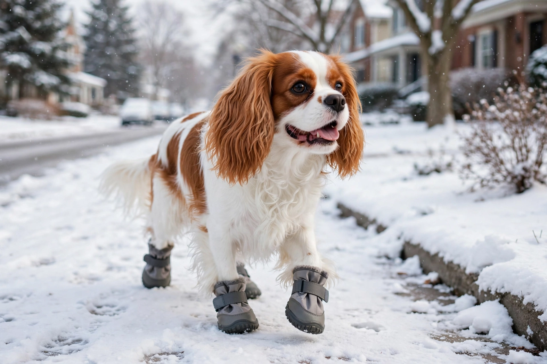 Cavalier King Charles Spaniel wearing winter dog booties walking in snow