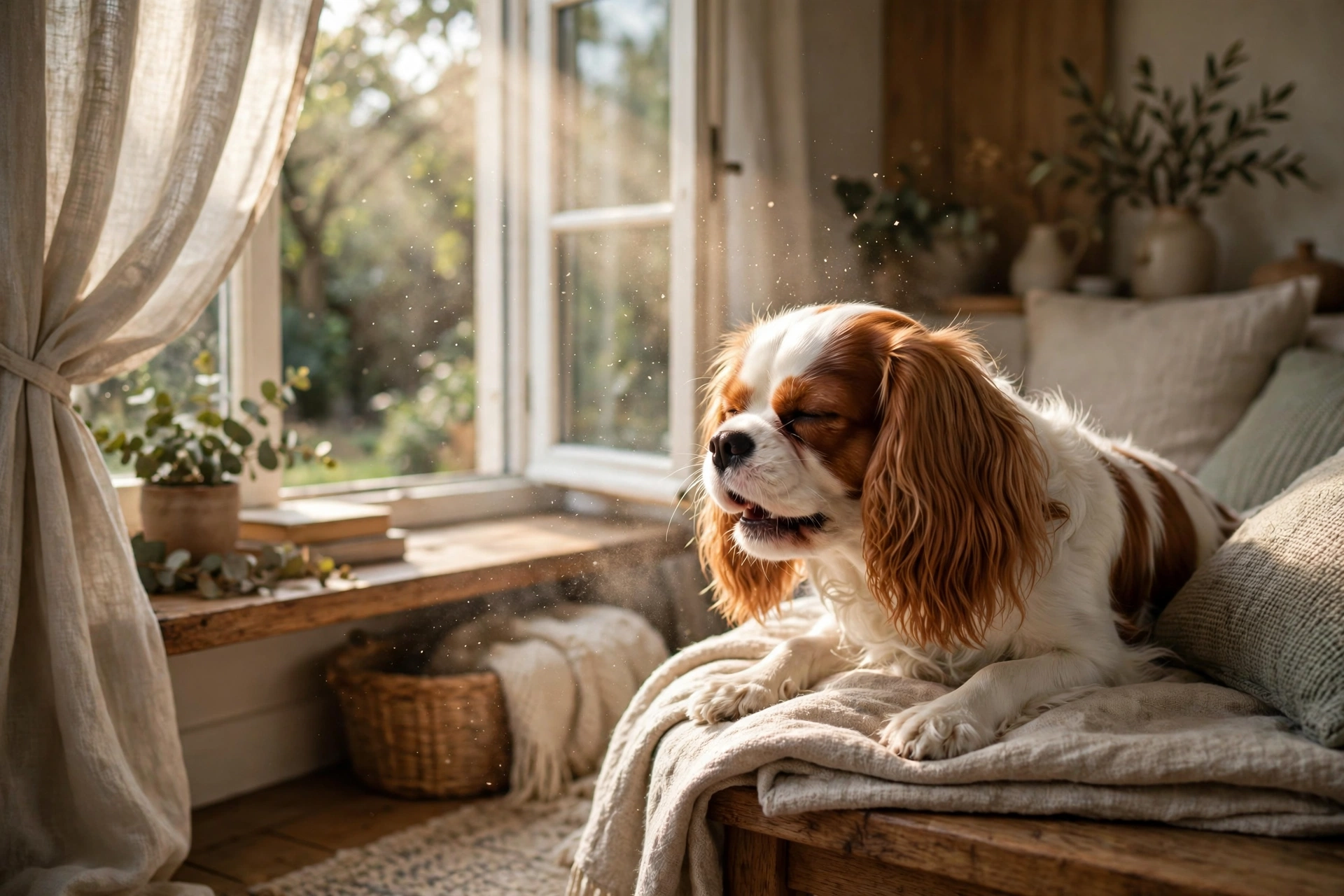 Cavalier King Charles Spaniel sitting by a sunny window with dust particles floating in the air