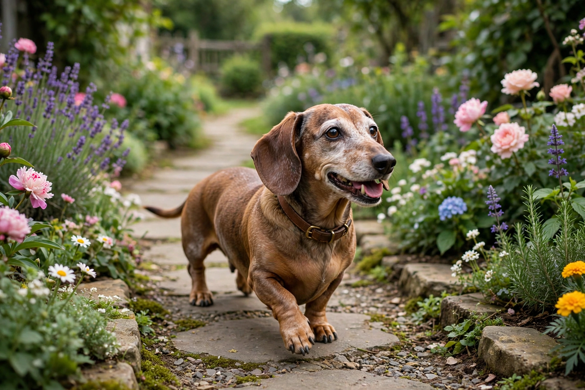 Senior Dachshund with a gray muzzle walking along a garden path