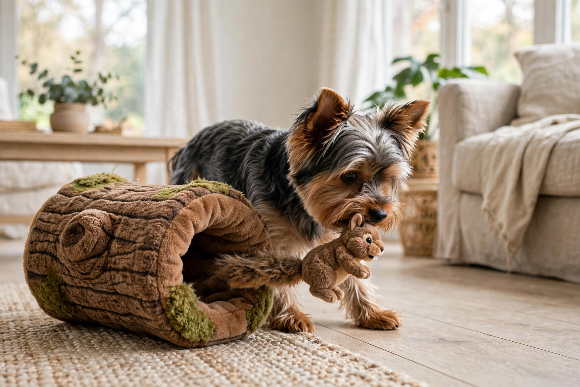 Yorkshire Terrier pulling a tiny plush squirrel from a Hide-A-Squirrel tree trunk puzzle toy
