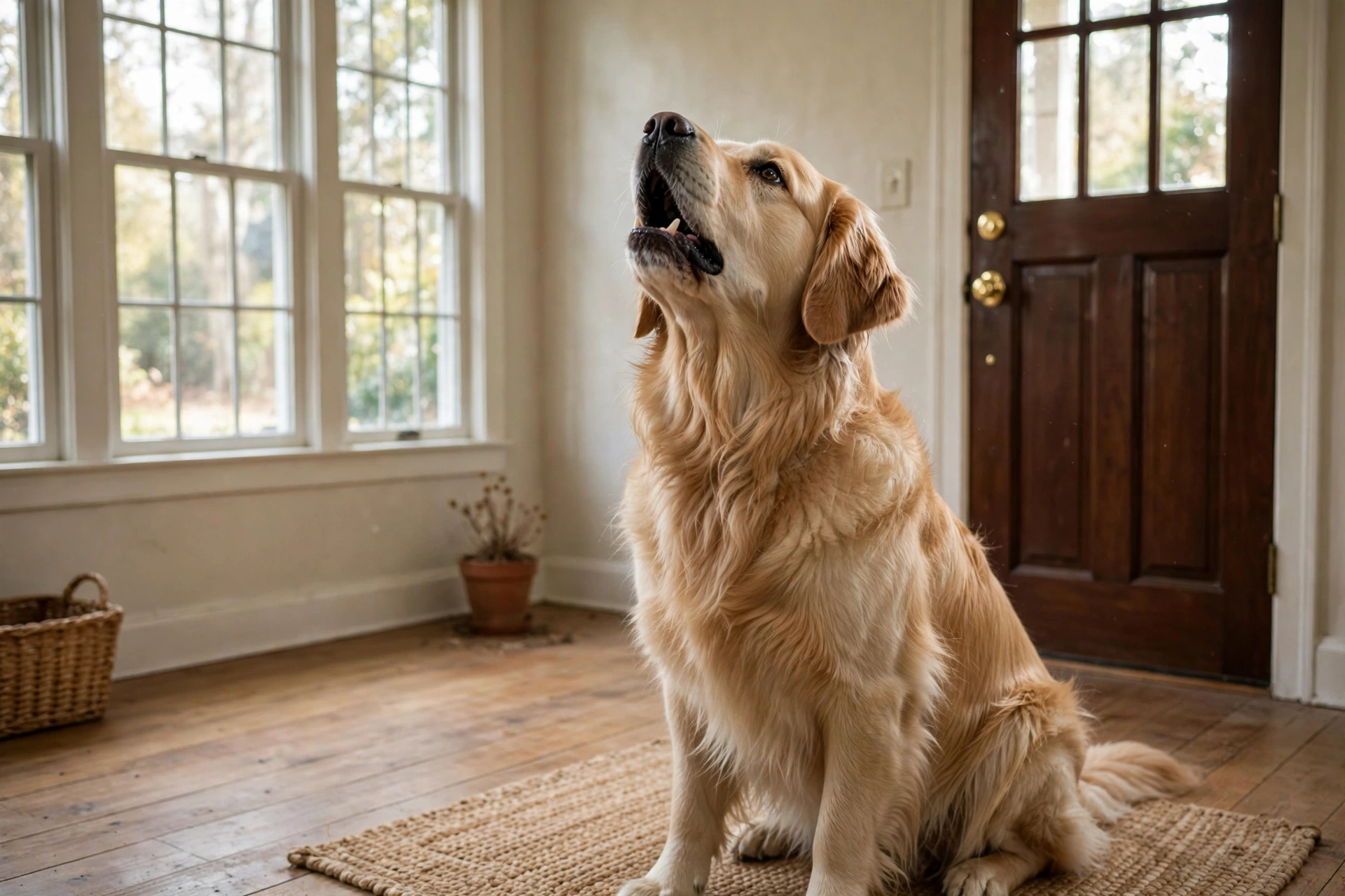 Lonely golden retriever howling by the front door with separation anxiety