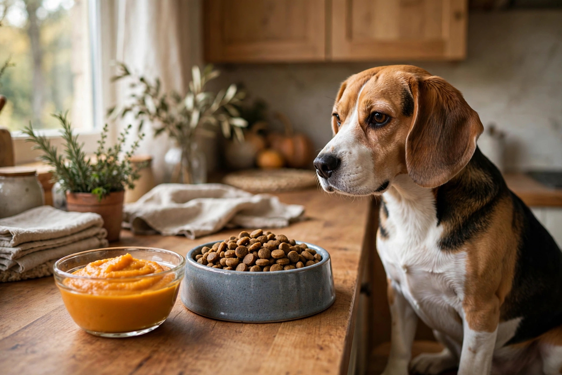 Bowl of plain pumpkin puree next to dog food as a natural fiber remedy