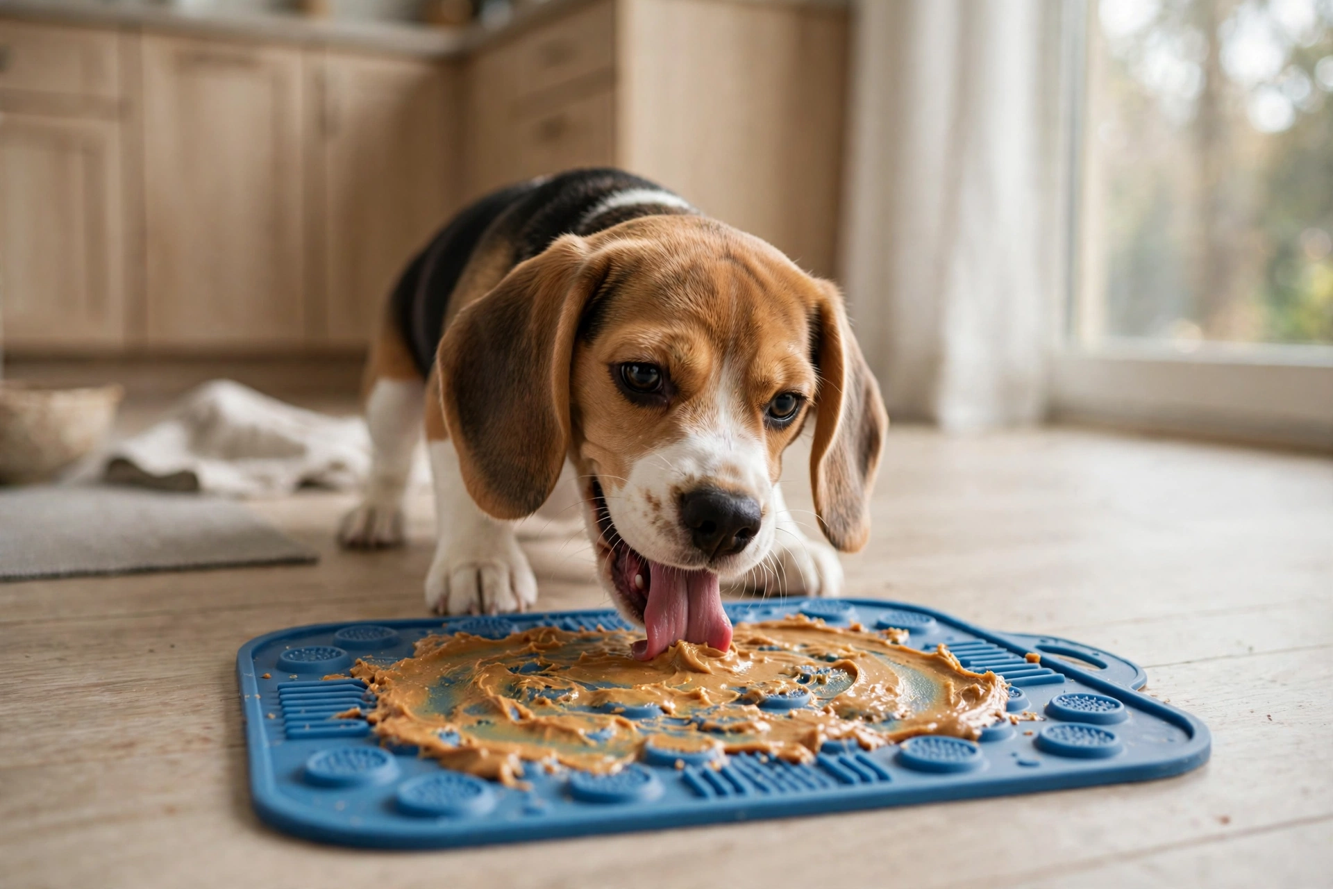Beagle puppy licking peanut butter from a silicone lick mat