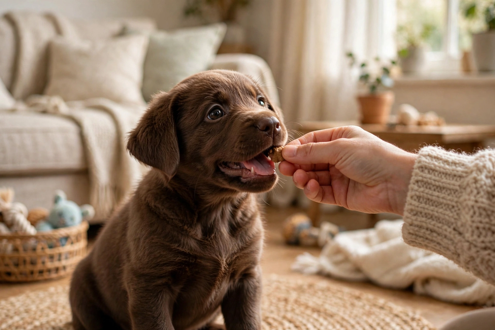 Chocolate labrador puppy gently taking a soft training treat from a trainer's fingers indoors