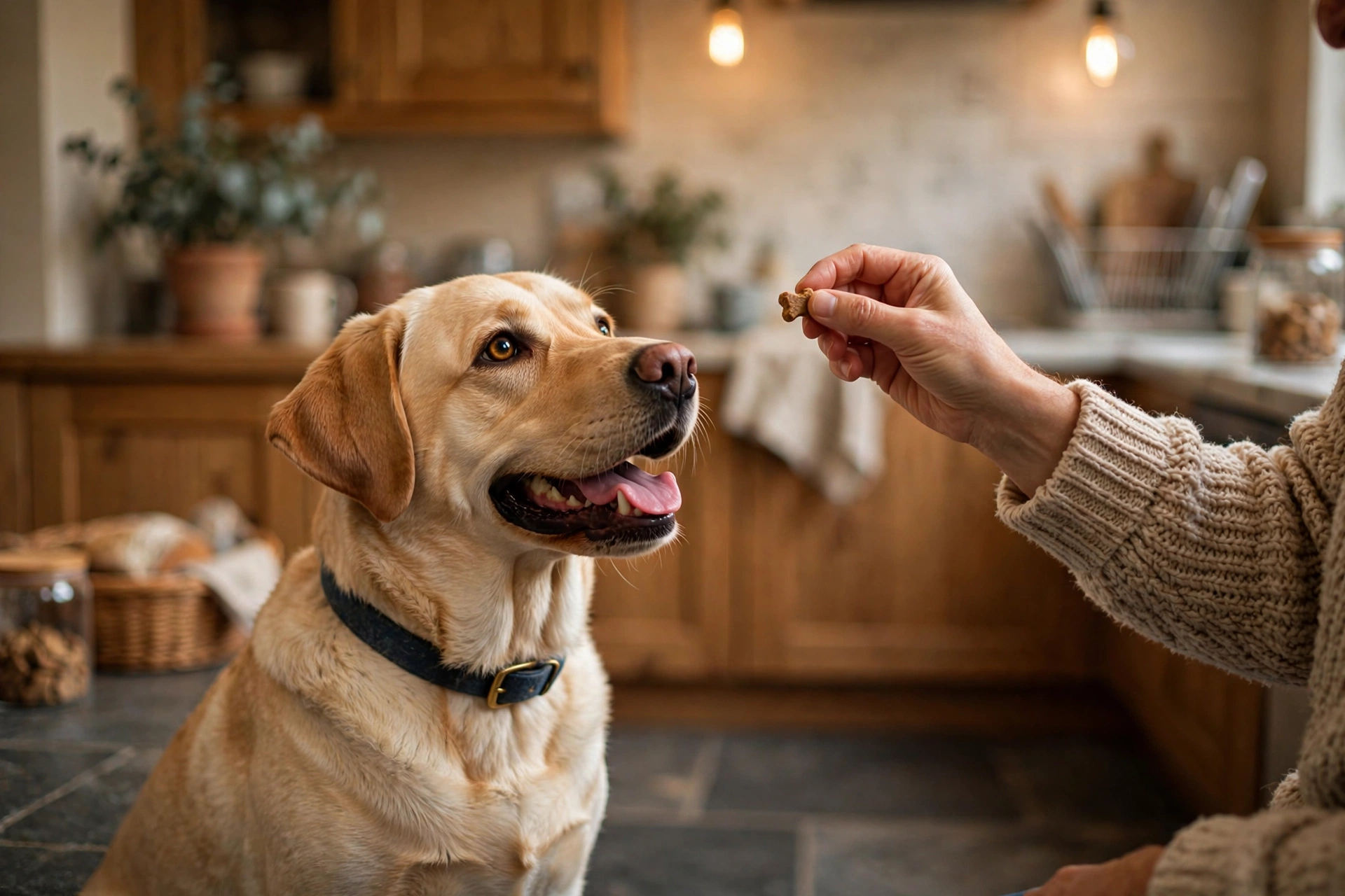 Labrador receiving a treat from its owner in the kitchen during training