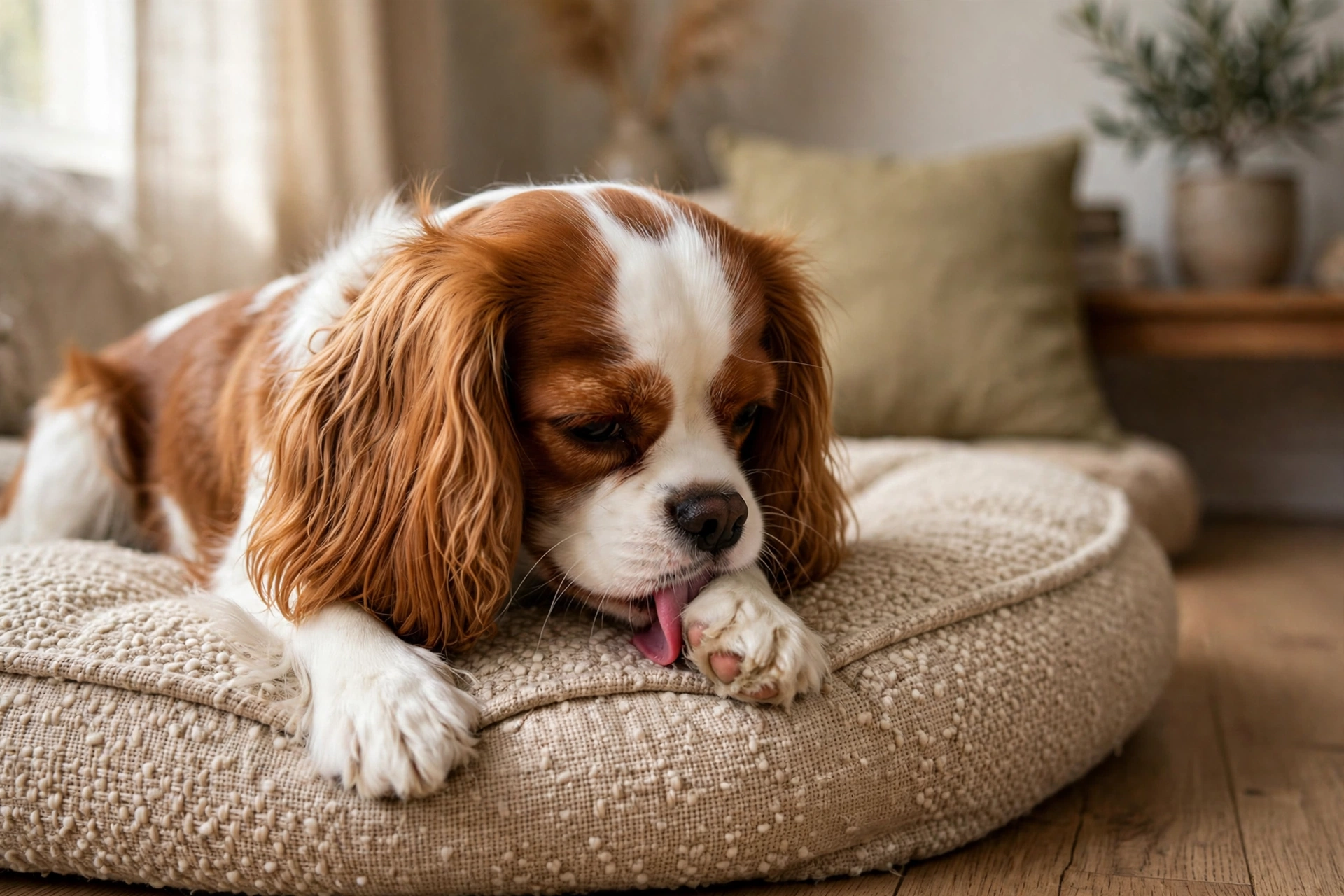 Cavalier King Charles Spaniel licking its paw on a dog bed