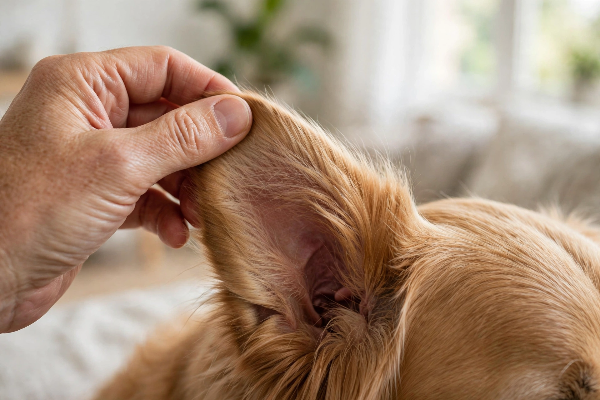 Close-up of owner gently checking a dog's ear for infection odor