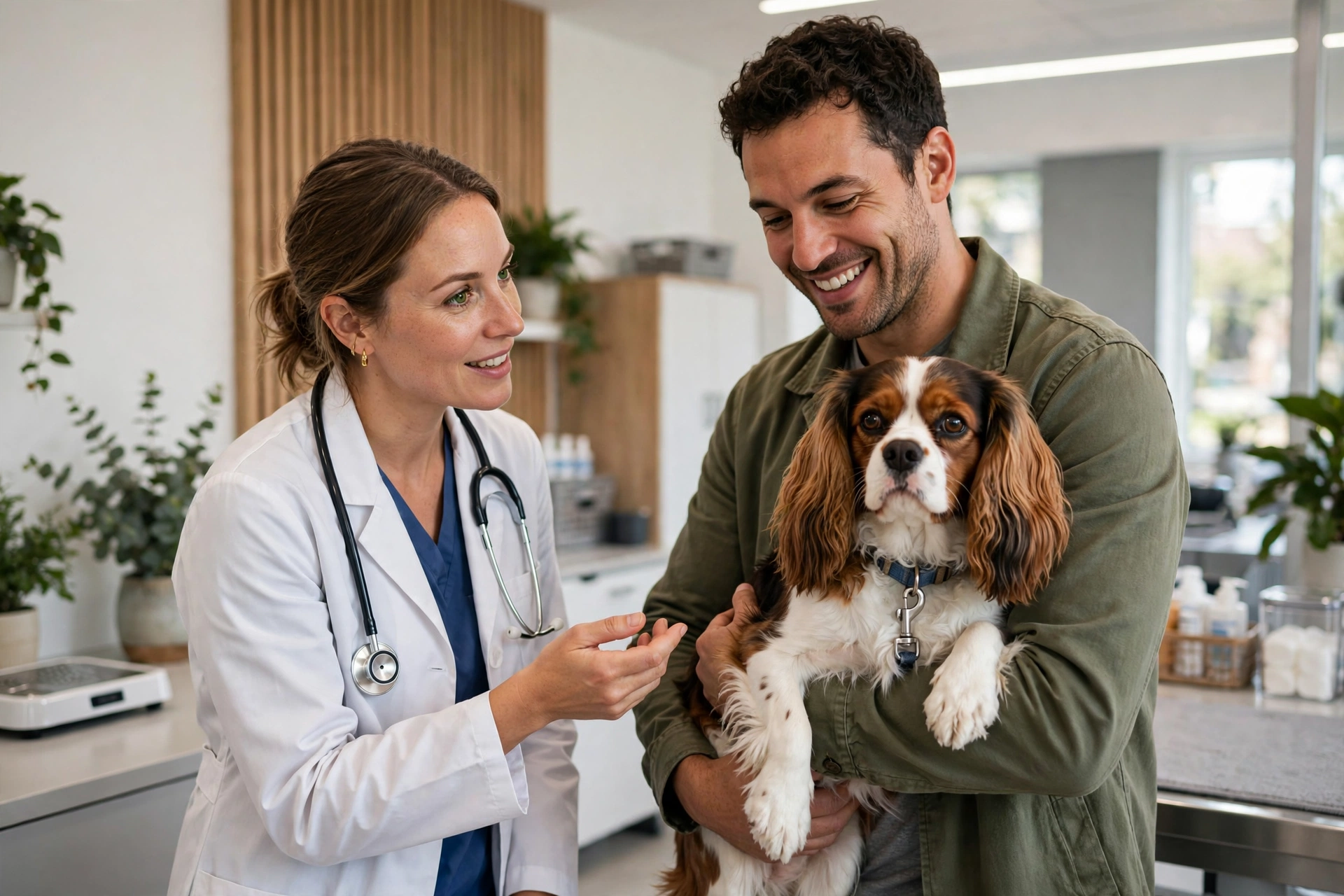 Veterinarian consulting with a dog owner holding a spaniel