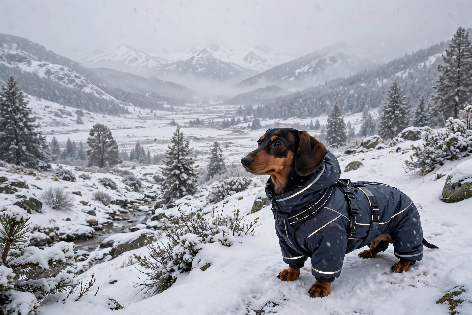 Small dachshund wearing a Hurtta weatherproof dog coat with reflective trim in falling snow