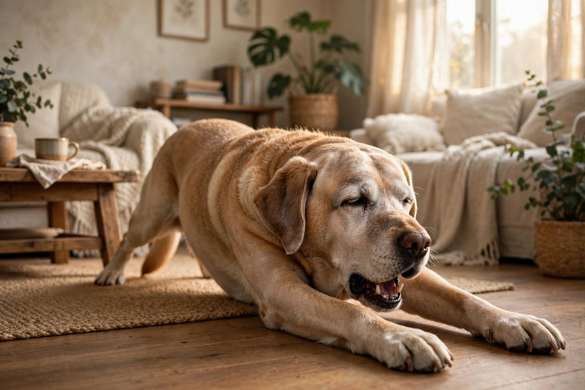 Senior labrador stretching with a soft groan in morning light