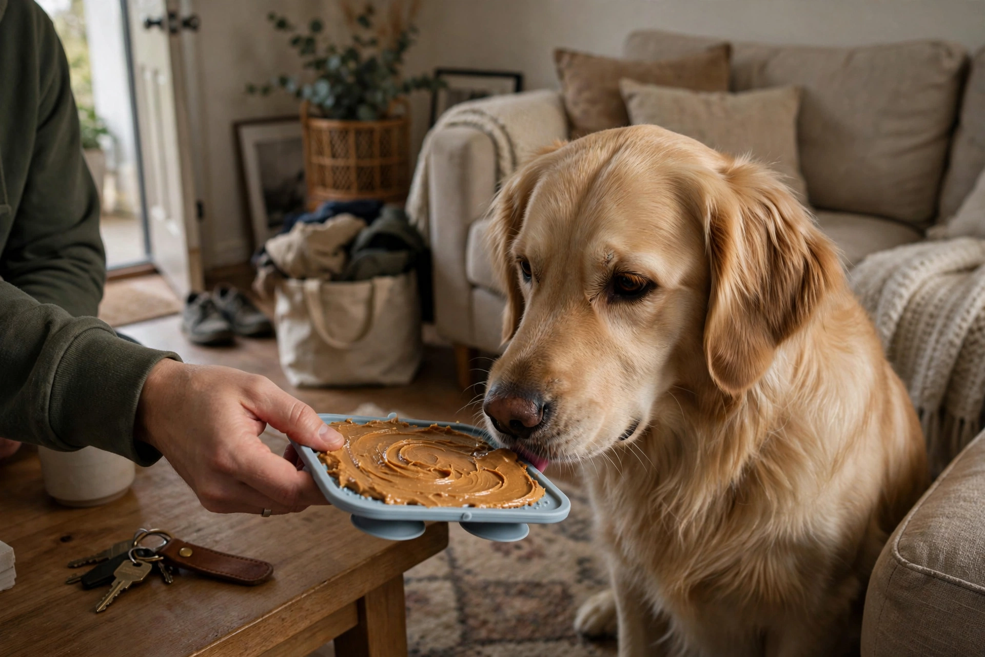Owner handing dog a lick mat treat before leaving in a calm low-key routine