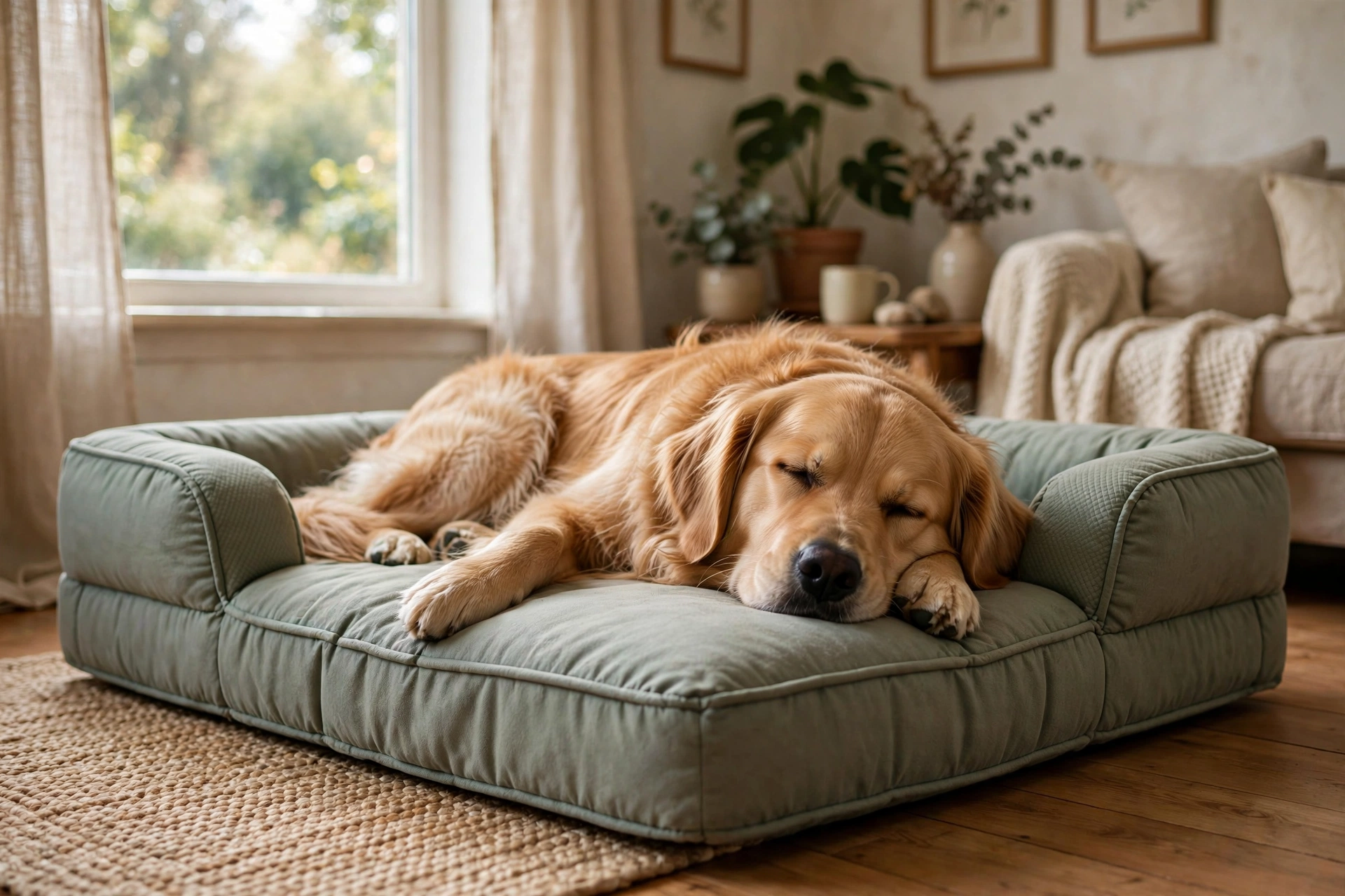 Dog resting calmly on a cushioned orthopedic bed after a seizure episode