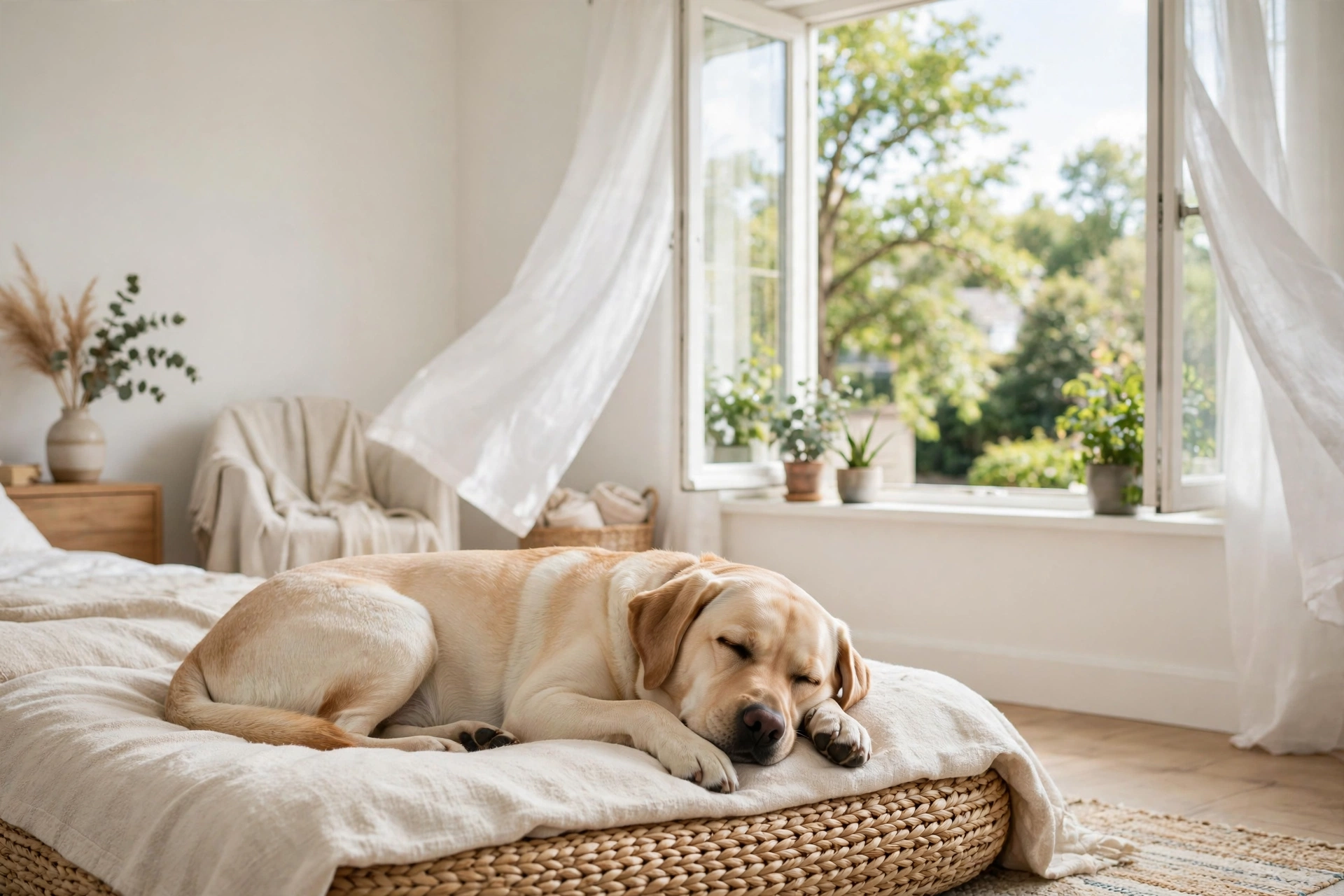Labrador sleeping in a clean bright bedroom with fresh air