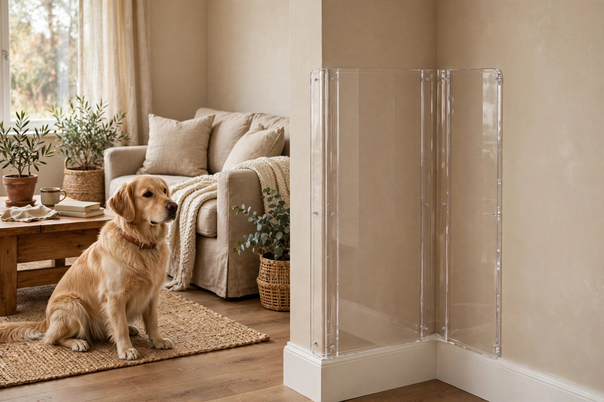 Protective corner guard installed on a drywall wall to prevent dog chewing