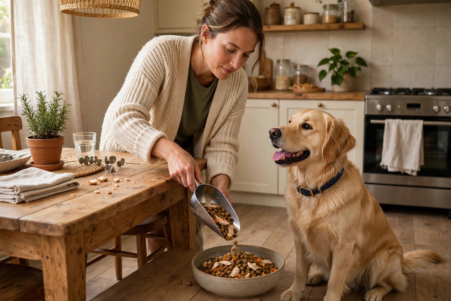 Owner serving a small fresh portion of dog food for a patiently waiting dog