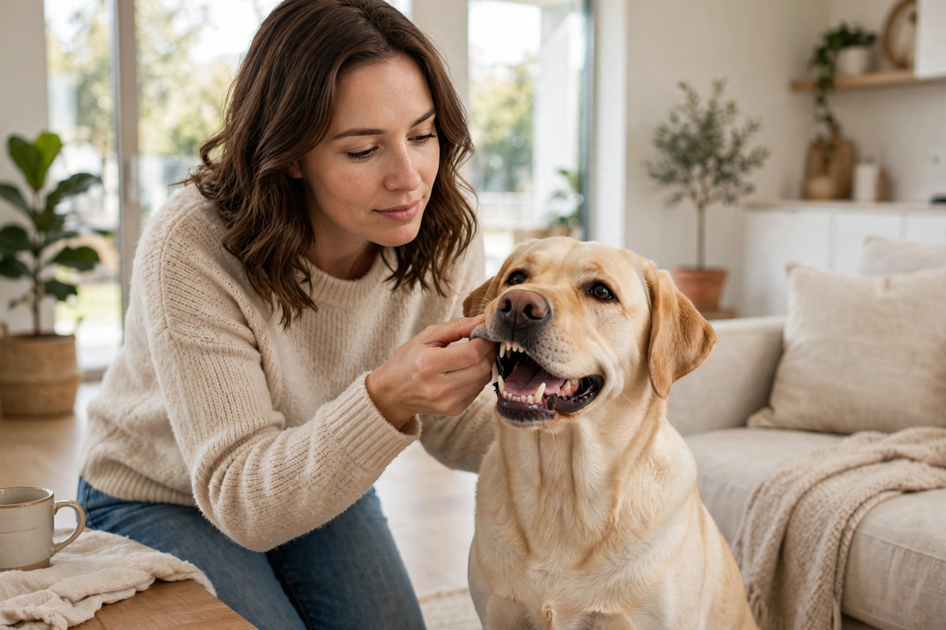 Owner gently checking a dog's teeth during a dental health moment