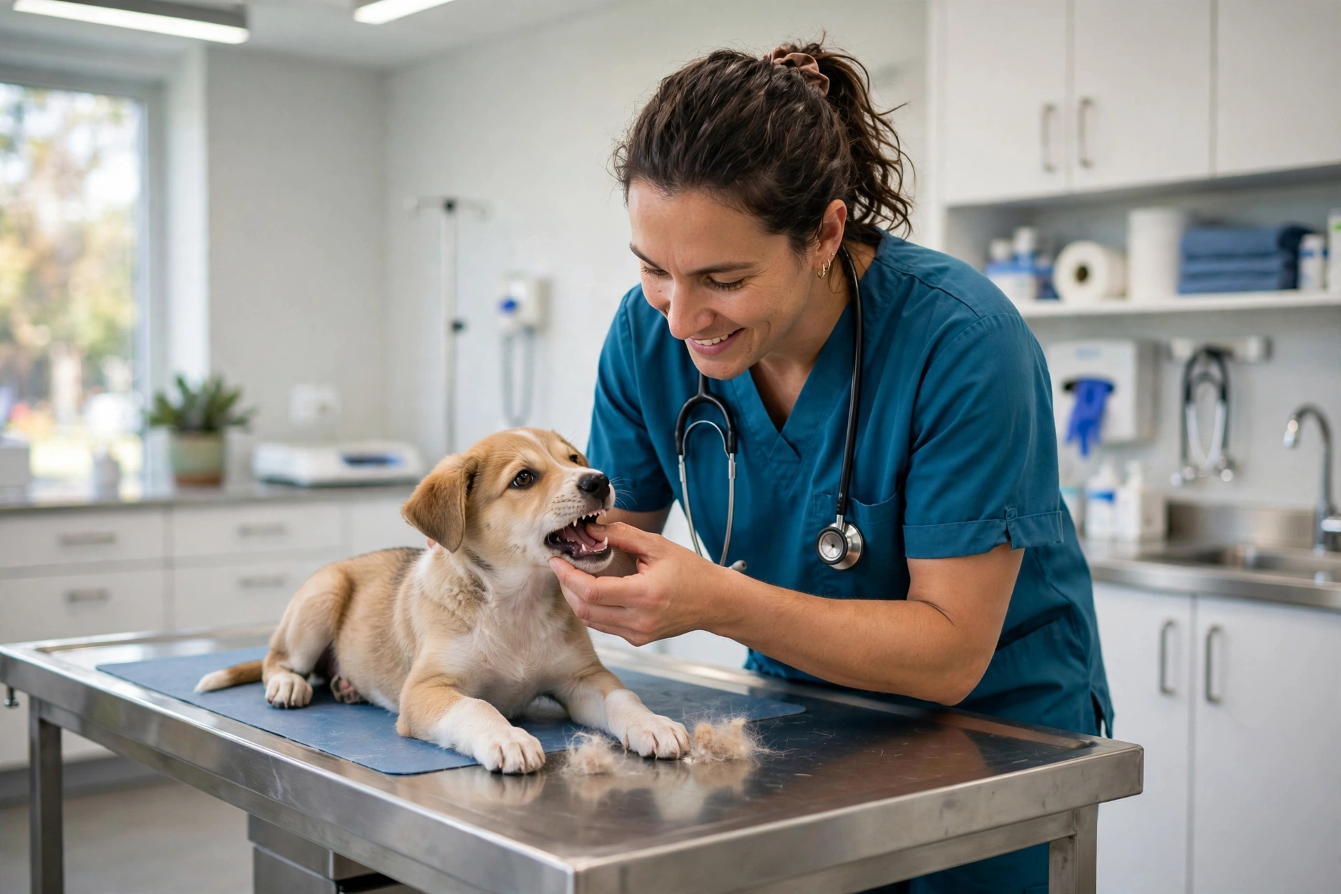 Veterinarian gently examining a puppy's teeth on an exam table