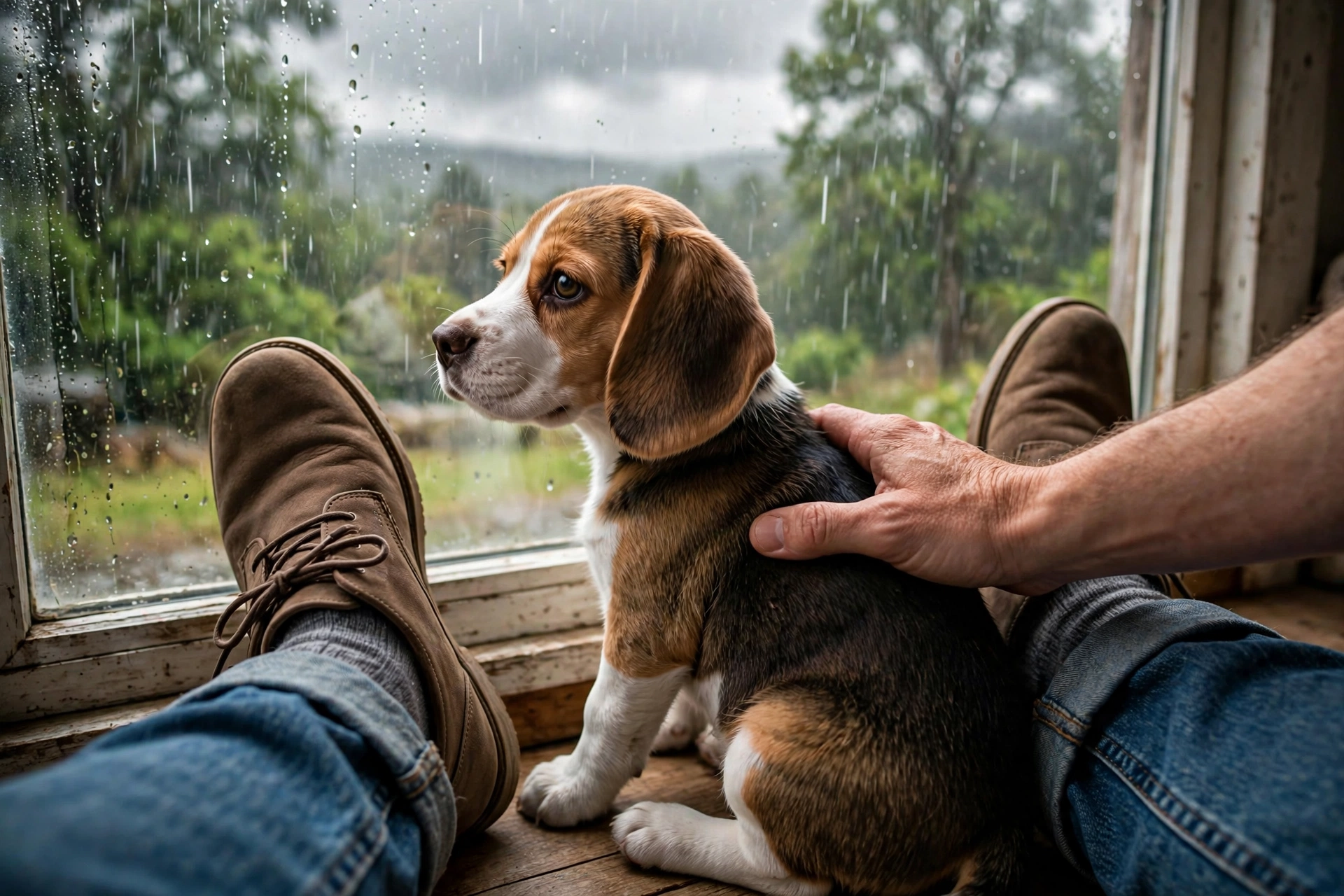 Beagle puppy sitting between its owner's feet during a rainstorm for comfort
