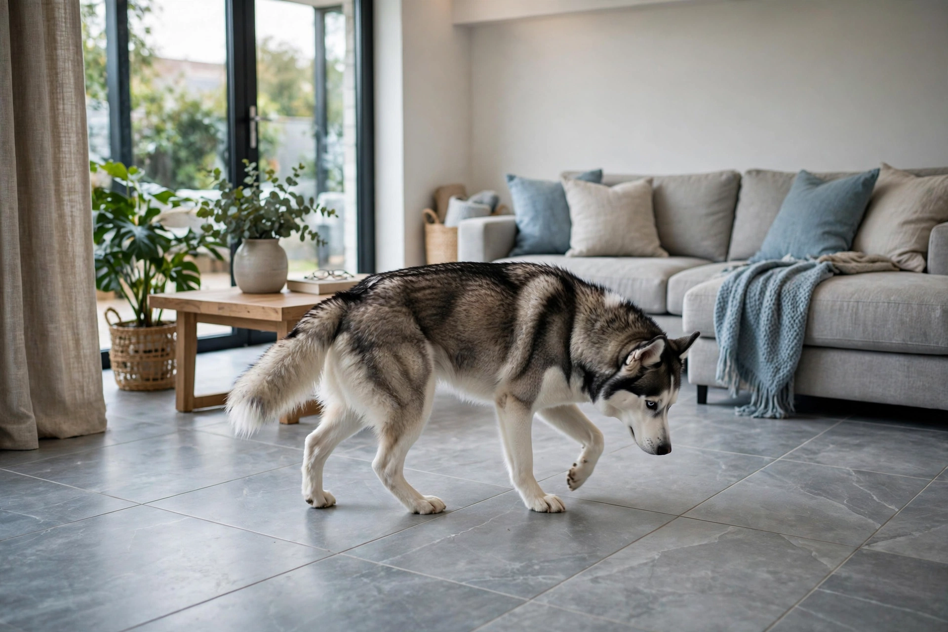 Husky circling on cool tile floor to find the right temperature spot