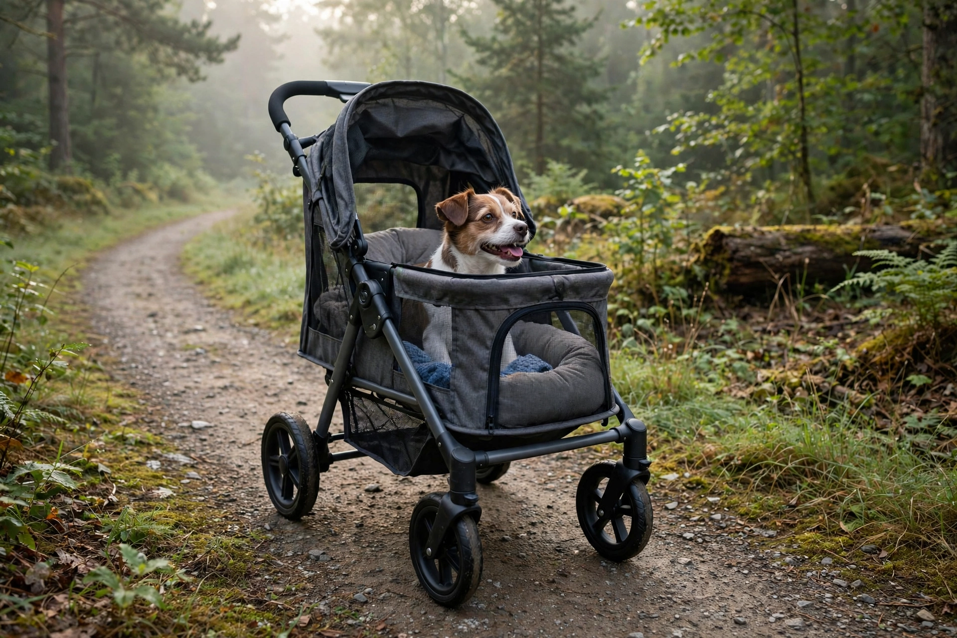 Paws and Pals four-wheel pet jogger stroller with mesh windows on a running trail