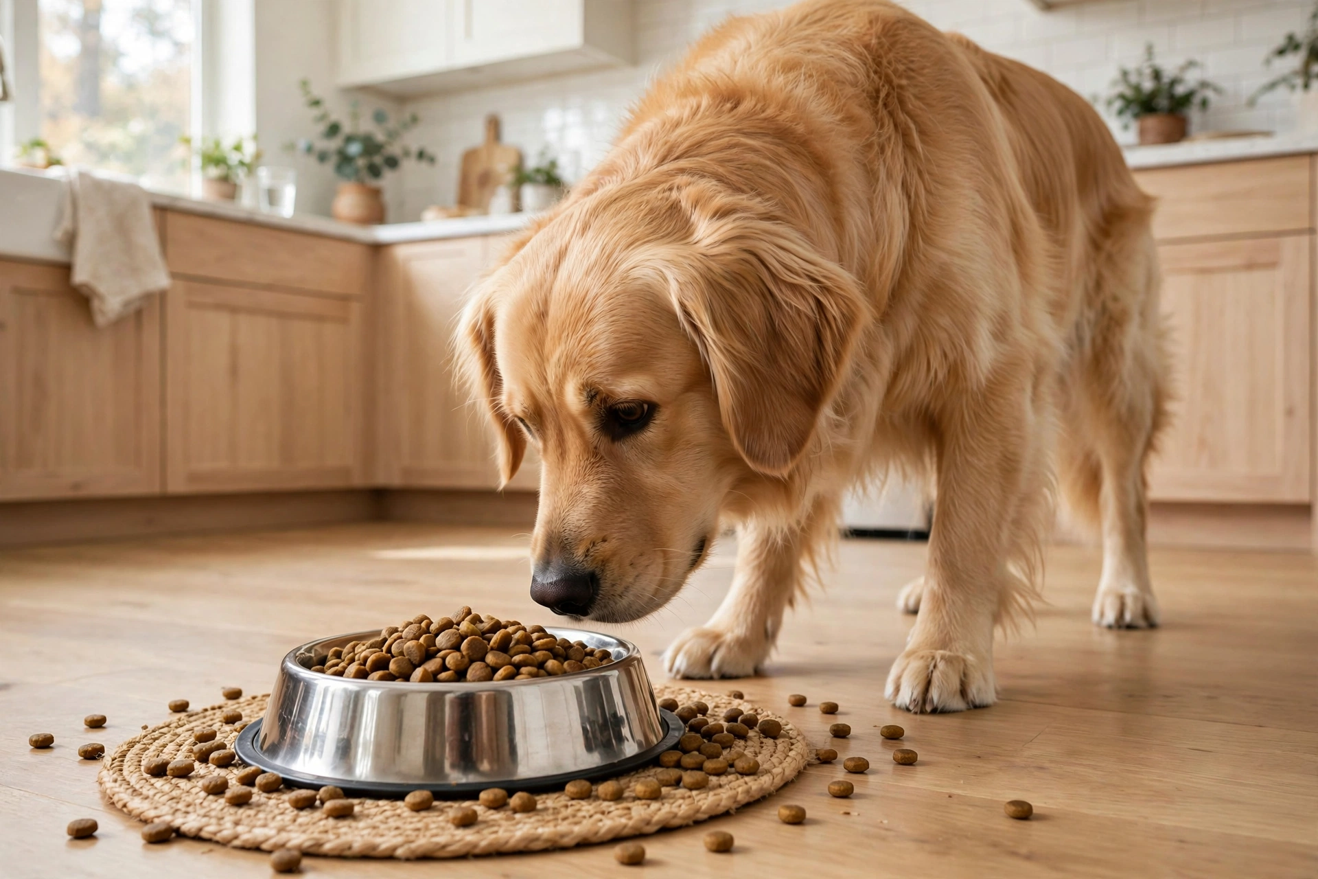 Dog sniffing a bowl of wholesome kibble during a food allergy investigation