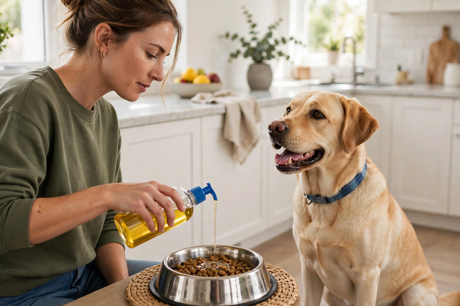 Person adding salmon oil supplement to a dog's food bowl